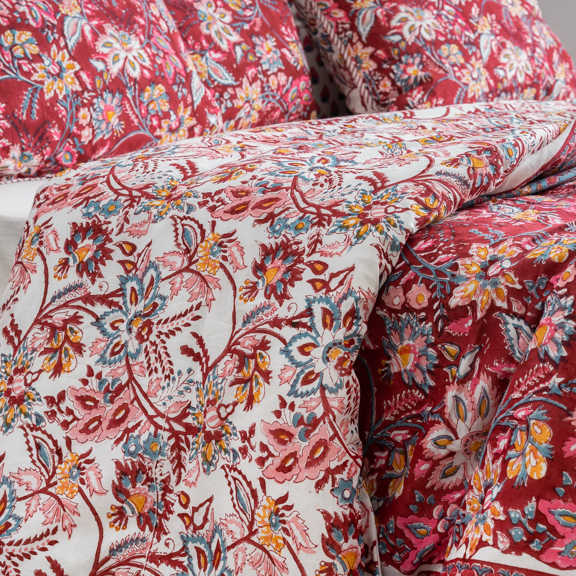 Indian Block Printed Reversible Red Floral Duvet Cover