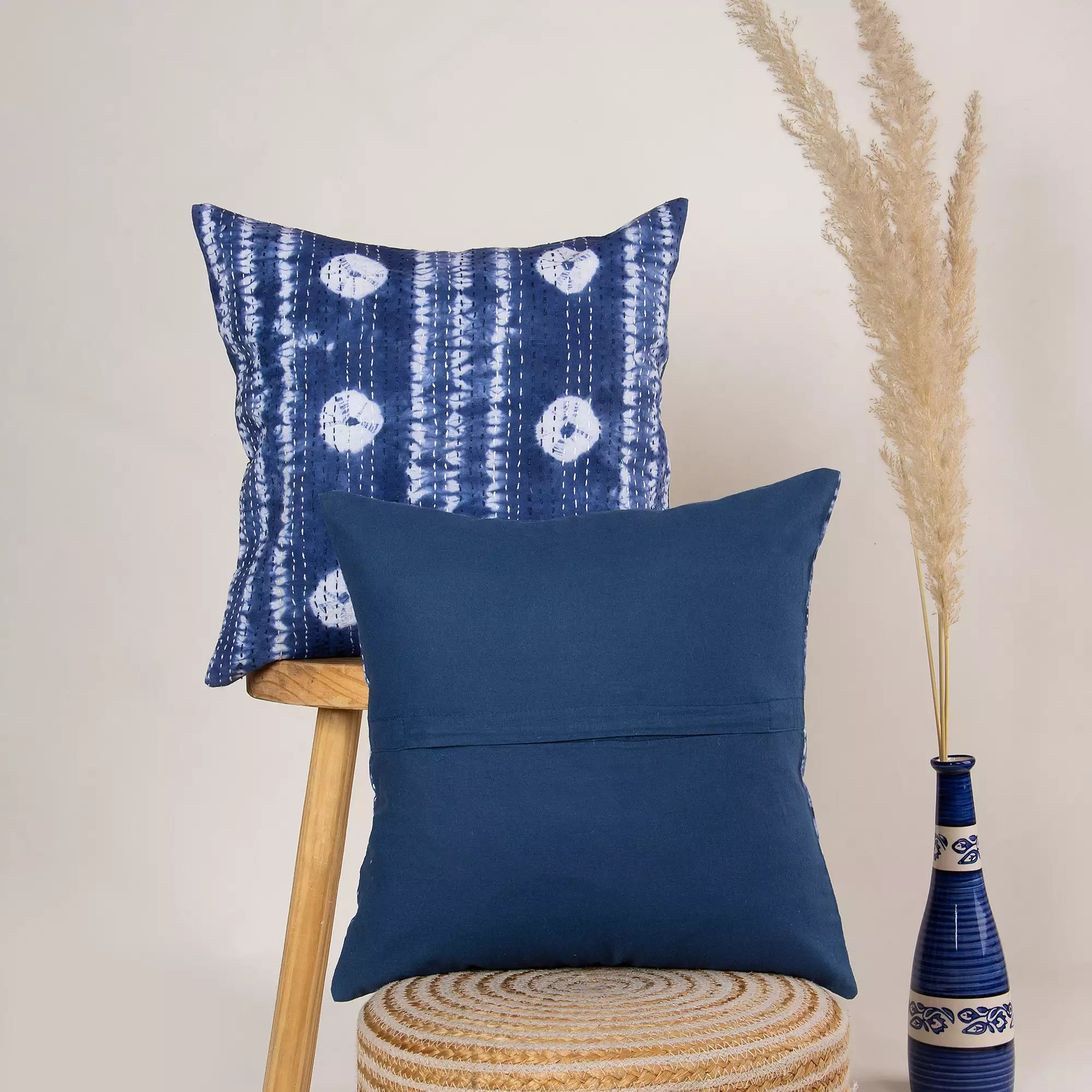 Indian Blue Tie Dye Pure Cotton Kantha Quilted Cushion Cover