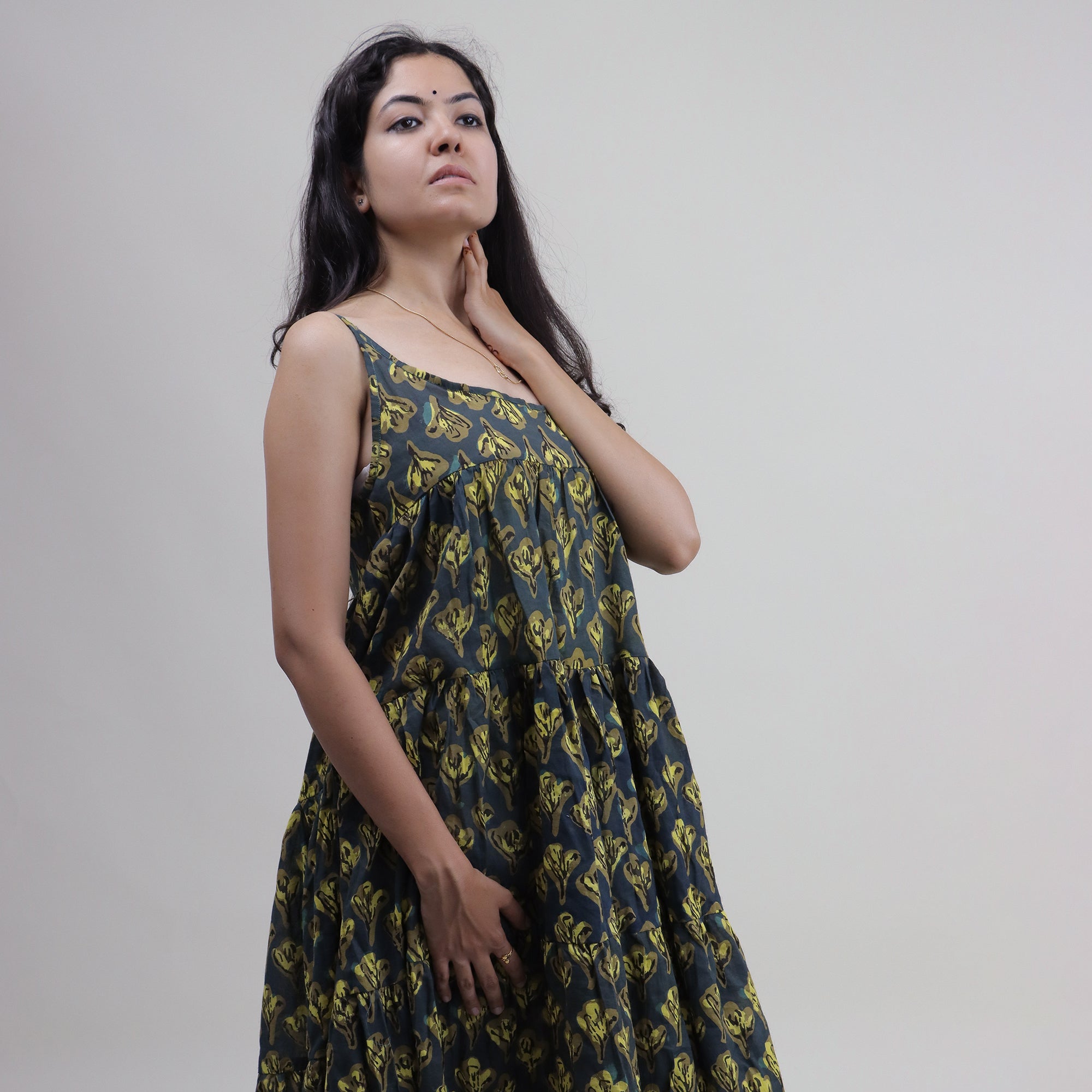 Indian Cotton Hand Block Print Midi Dress For Women