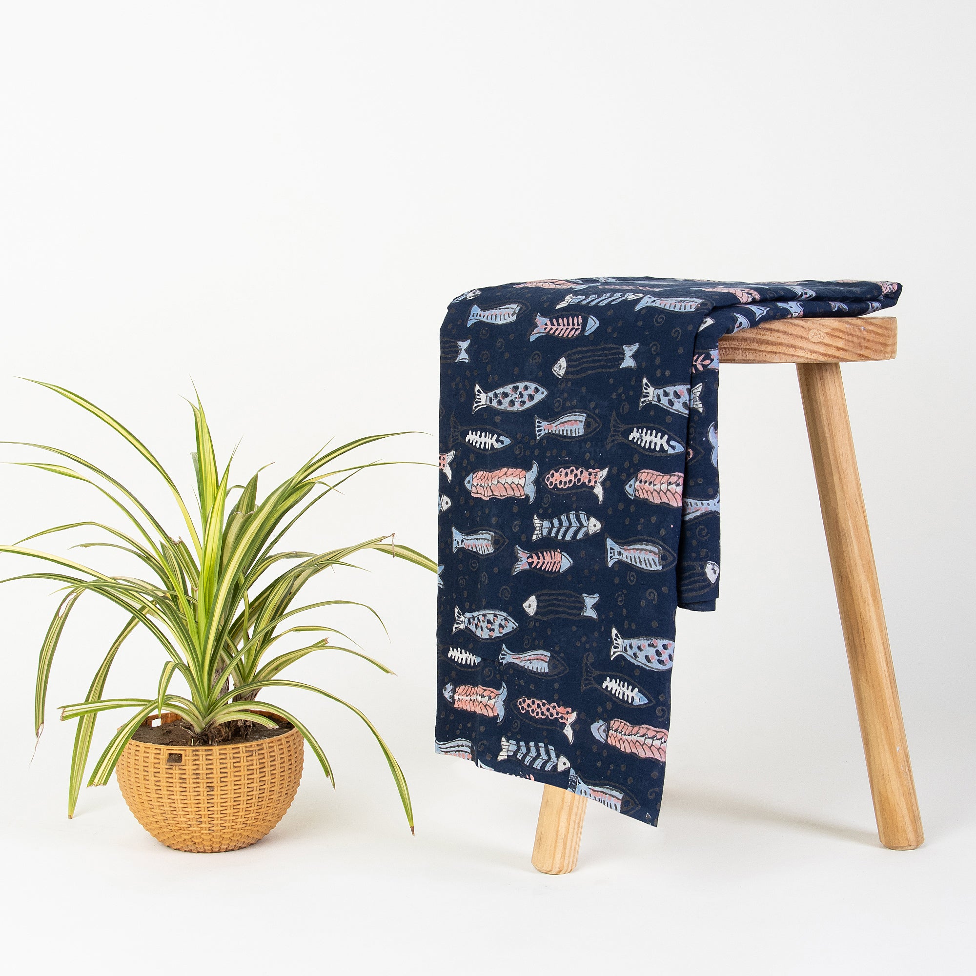 Indian Fish Indigo Hand Block Print Cotton Fabric