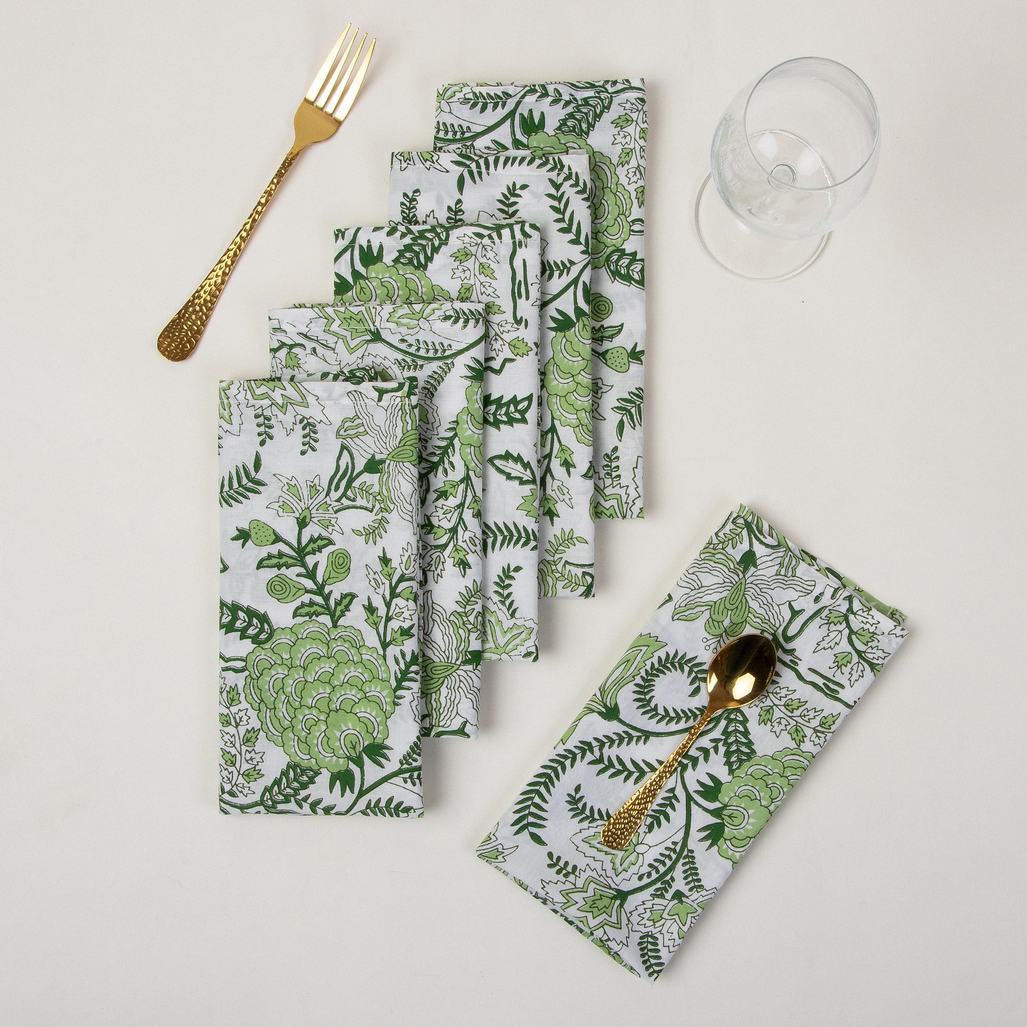 Indian Green Floral Hand Blocked Cotton Napkin