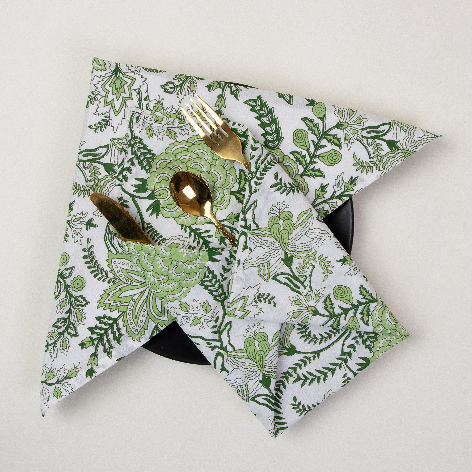 Indian Green Floral Hand Blocked Cotton Napkin