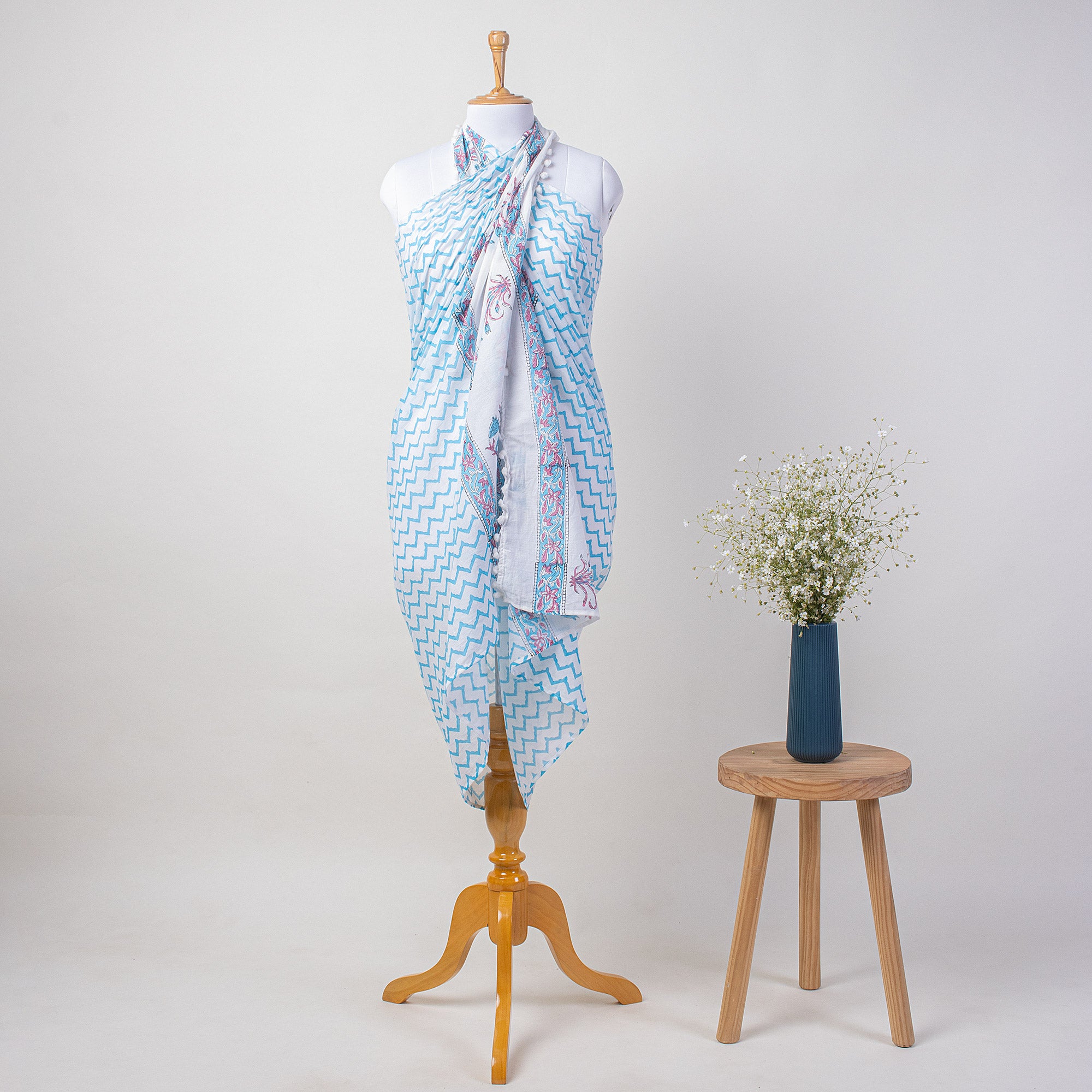 Indian Hand Block Blue Zig Zag Beach Sarog Wrap For Women
