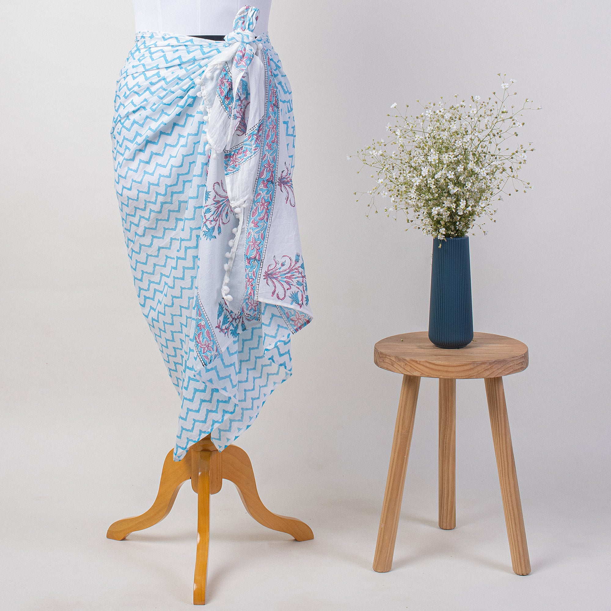 Indian Hand Block Blue Zig Zag Beach Sarog Wrap For Women
