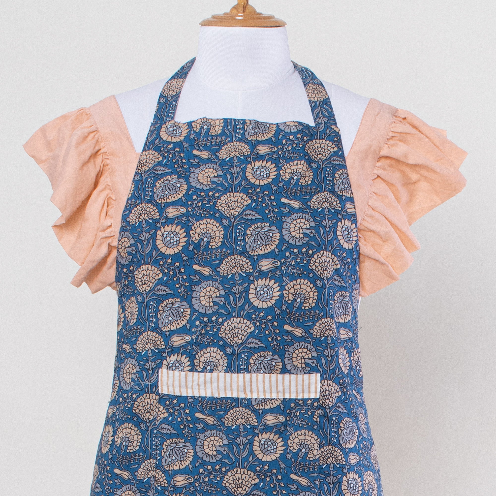 Indian Hand Block Printed Blue Floral Aprons for Women
