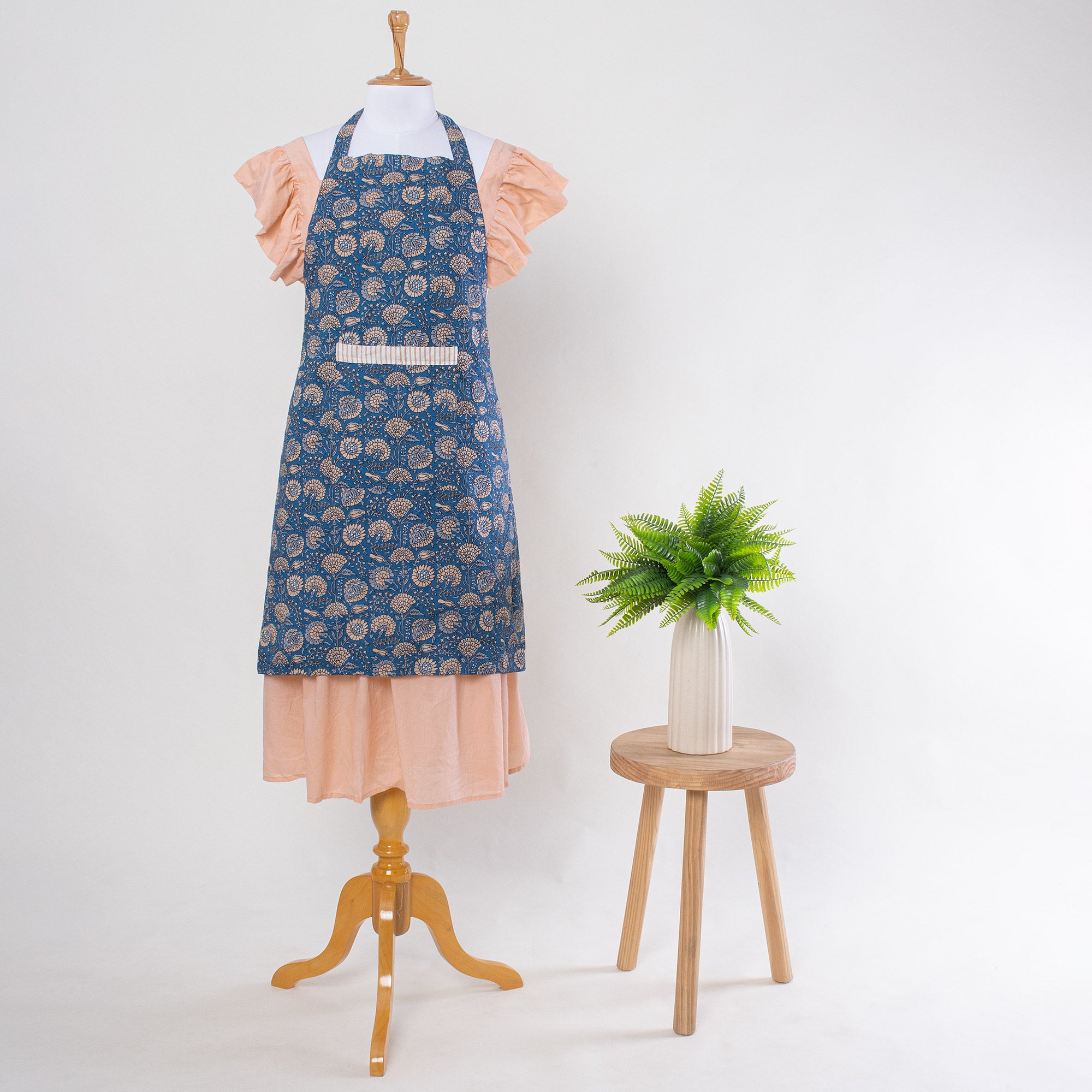 Indian Hand Block Printed Blue Floral Aprons for Women