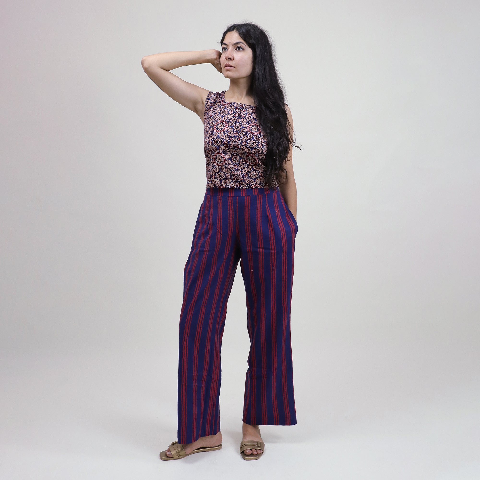 Indian Hand Printed Flora Purple Top & Pant Set For Women&