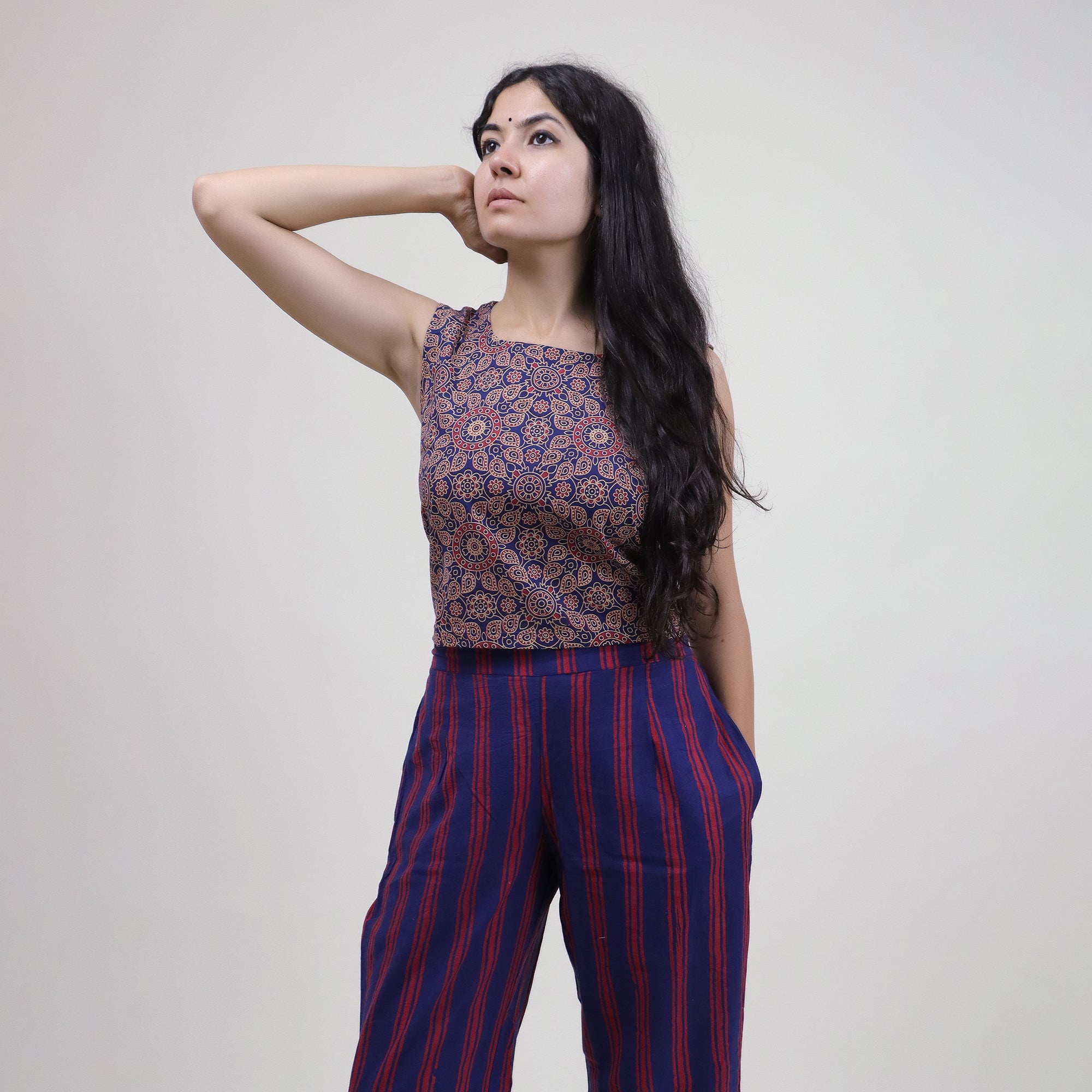 Indian Hand Printed Flora Purple Top & Pant Set For Women&