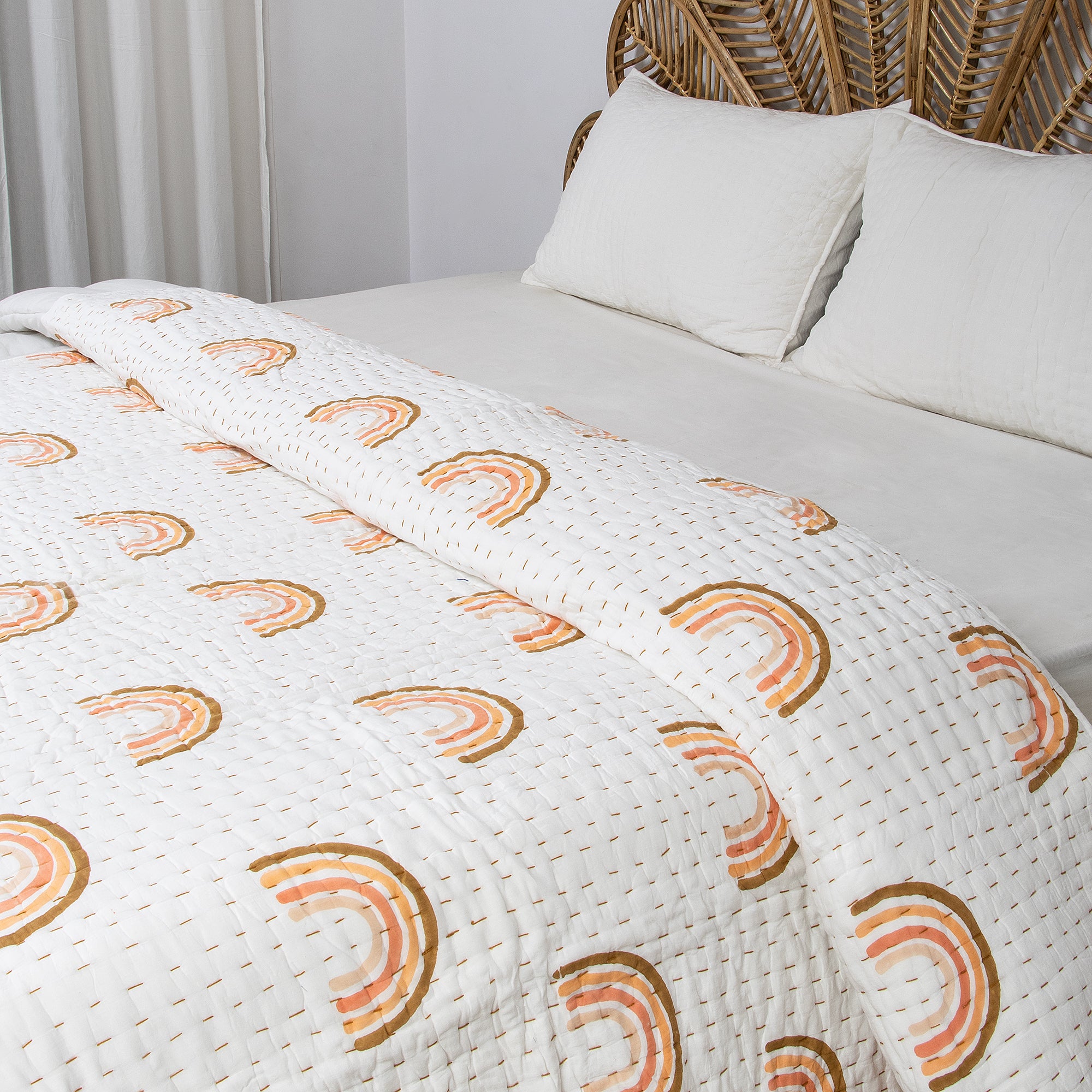 Indian Rainbow Hand Block Printed Cotton Kantha Quilt