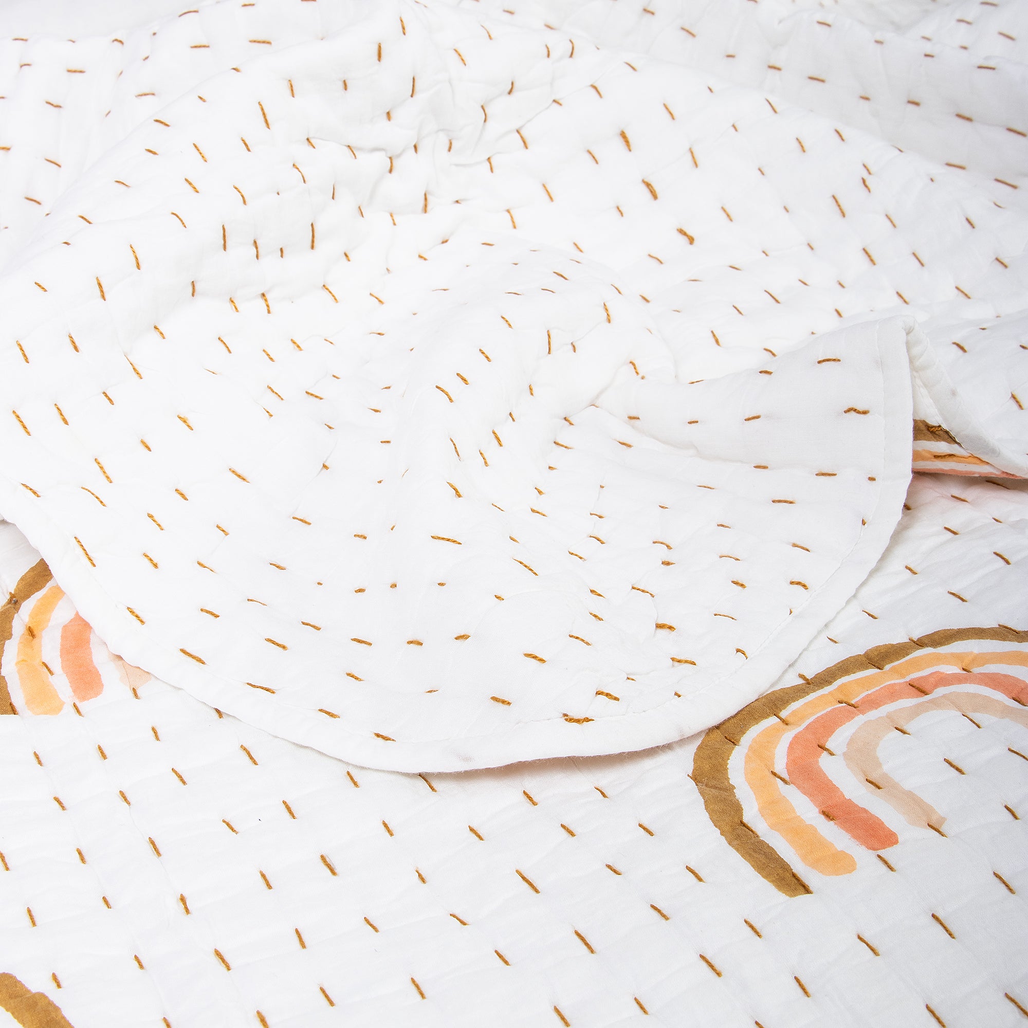 Indian Rainbow Hand Block Printed Cotton Kantha Quilt