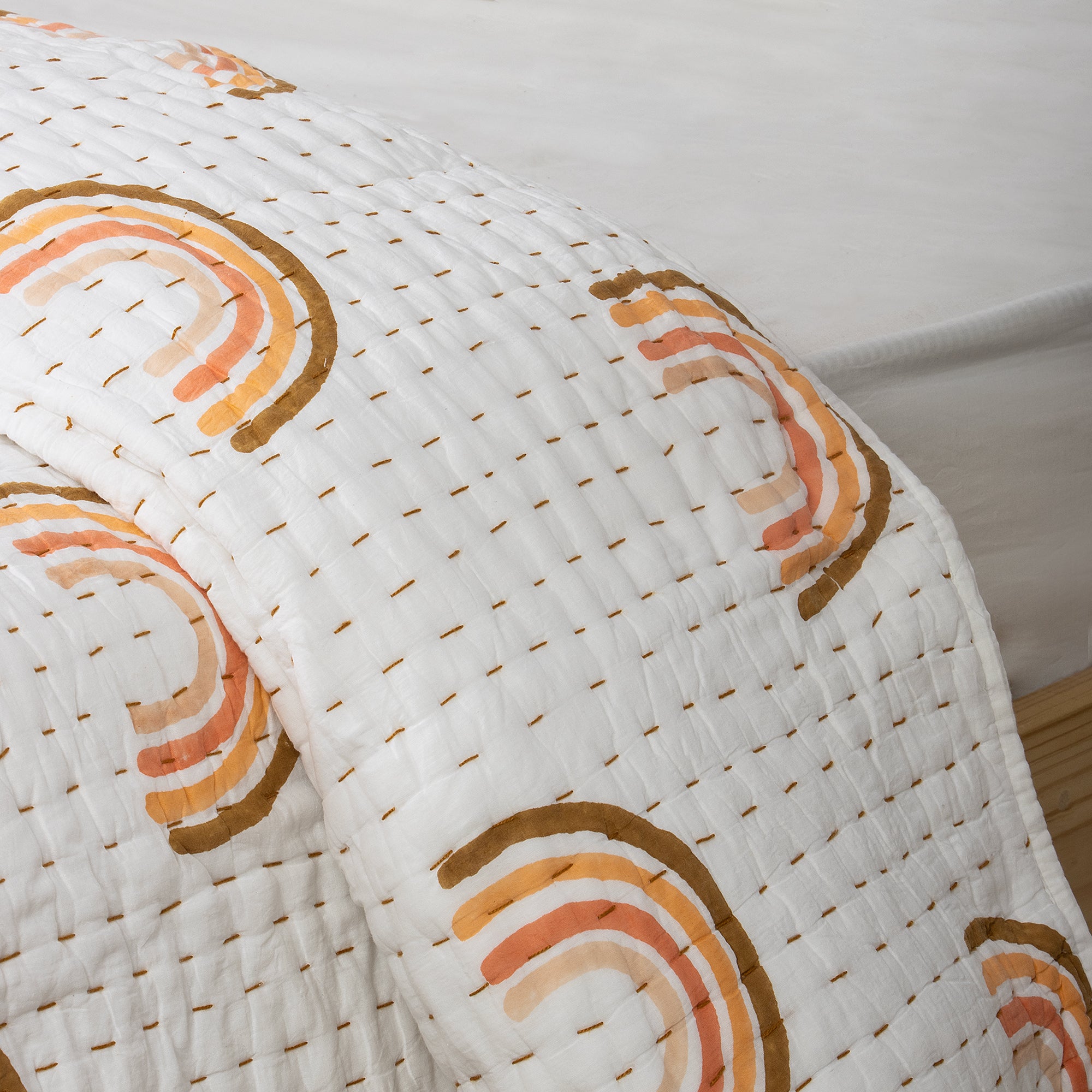 Indian Rainbow Hand Block Printed Cotton Kantha Quilt