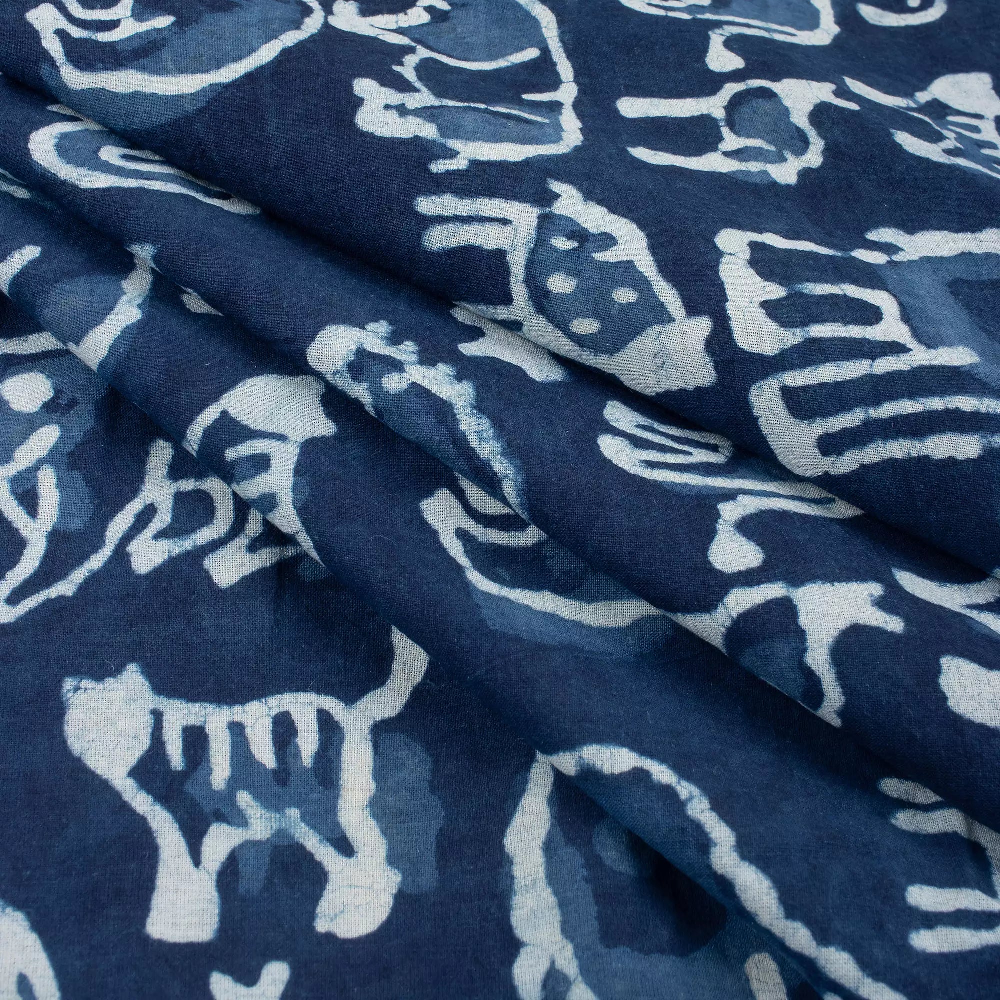Indigo Blue Block Print Wildlife Pattern Cotton Fabric