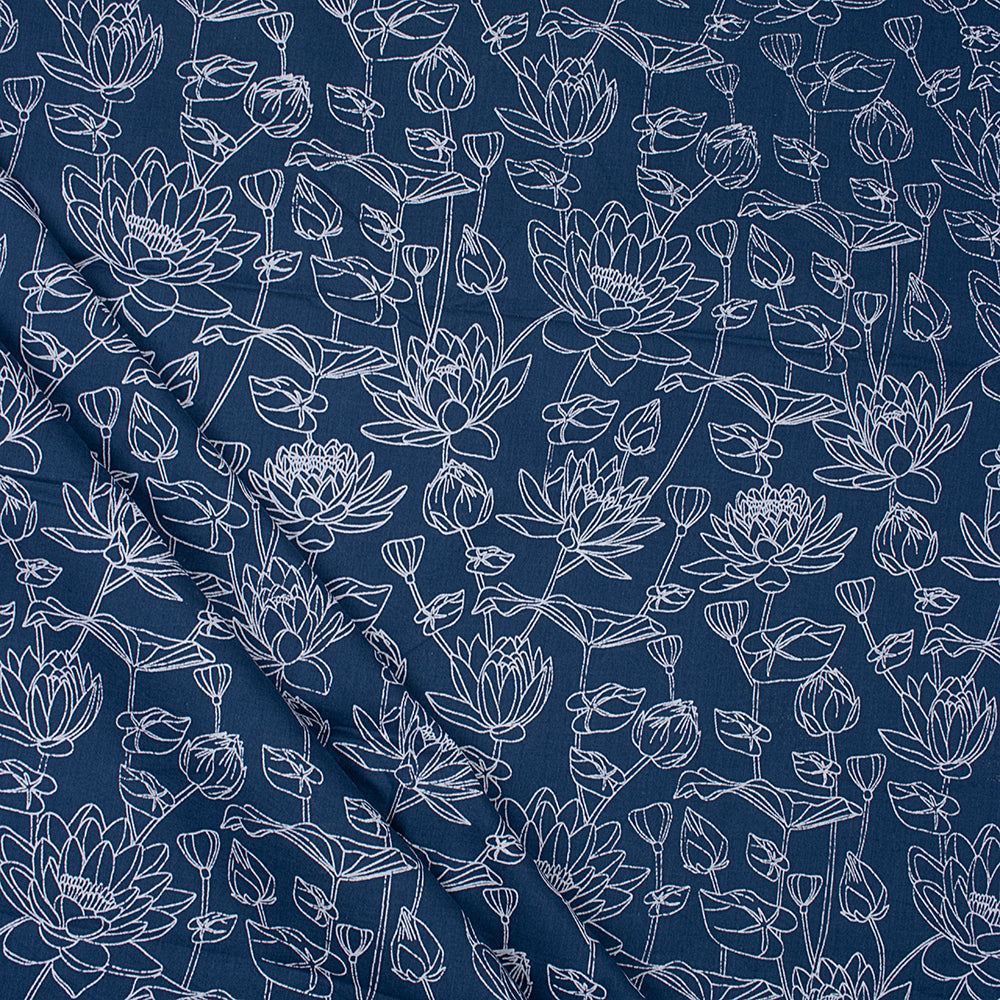 Indigo Blue Floral Printed Organic Cotton Fabric