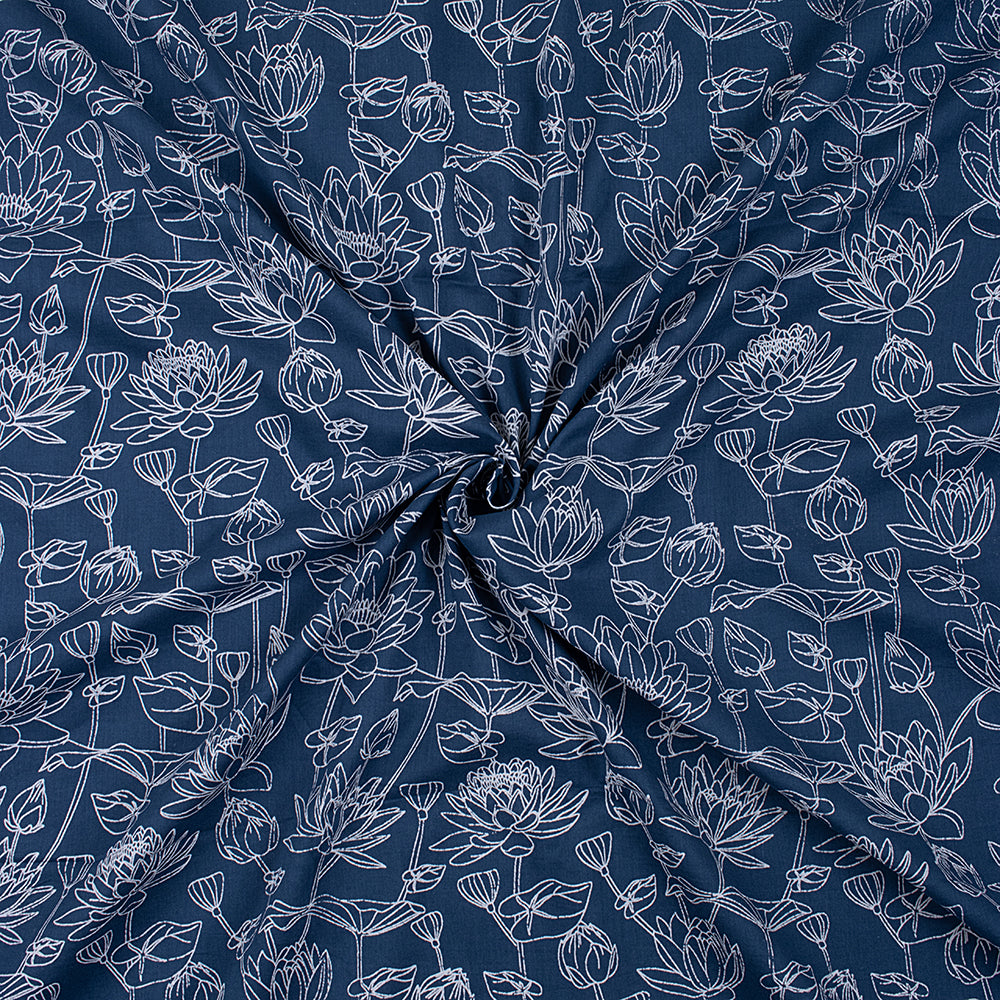 Indigo Blue Floral Printed Organic Cotton Fabric