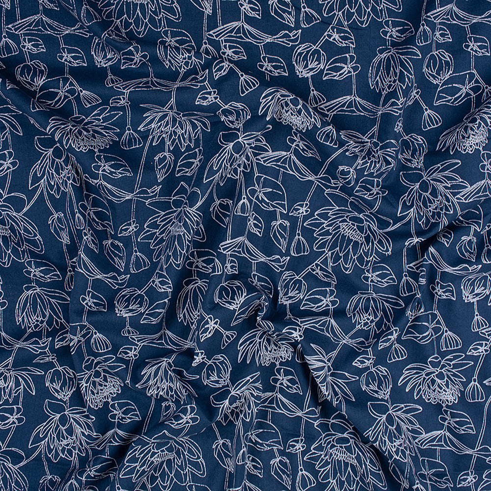 Indigo Blue Floral Printed Organic Cotton Fabric