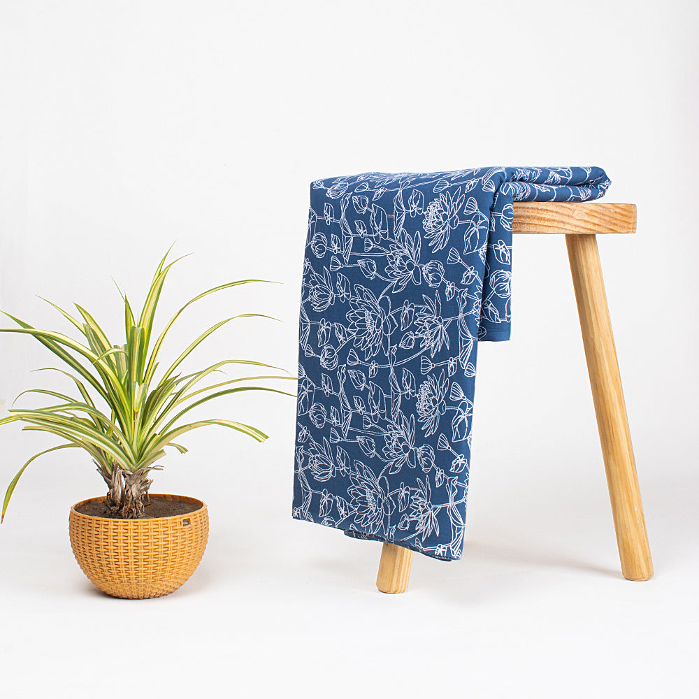 Indigo Blue Floral Printed Organic Cotton Fabric