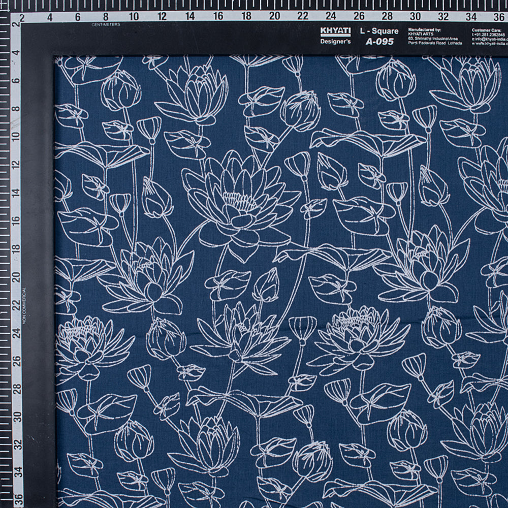 Indigo Blue Floral Printed Organic Cotton Fabric