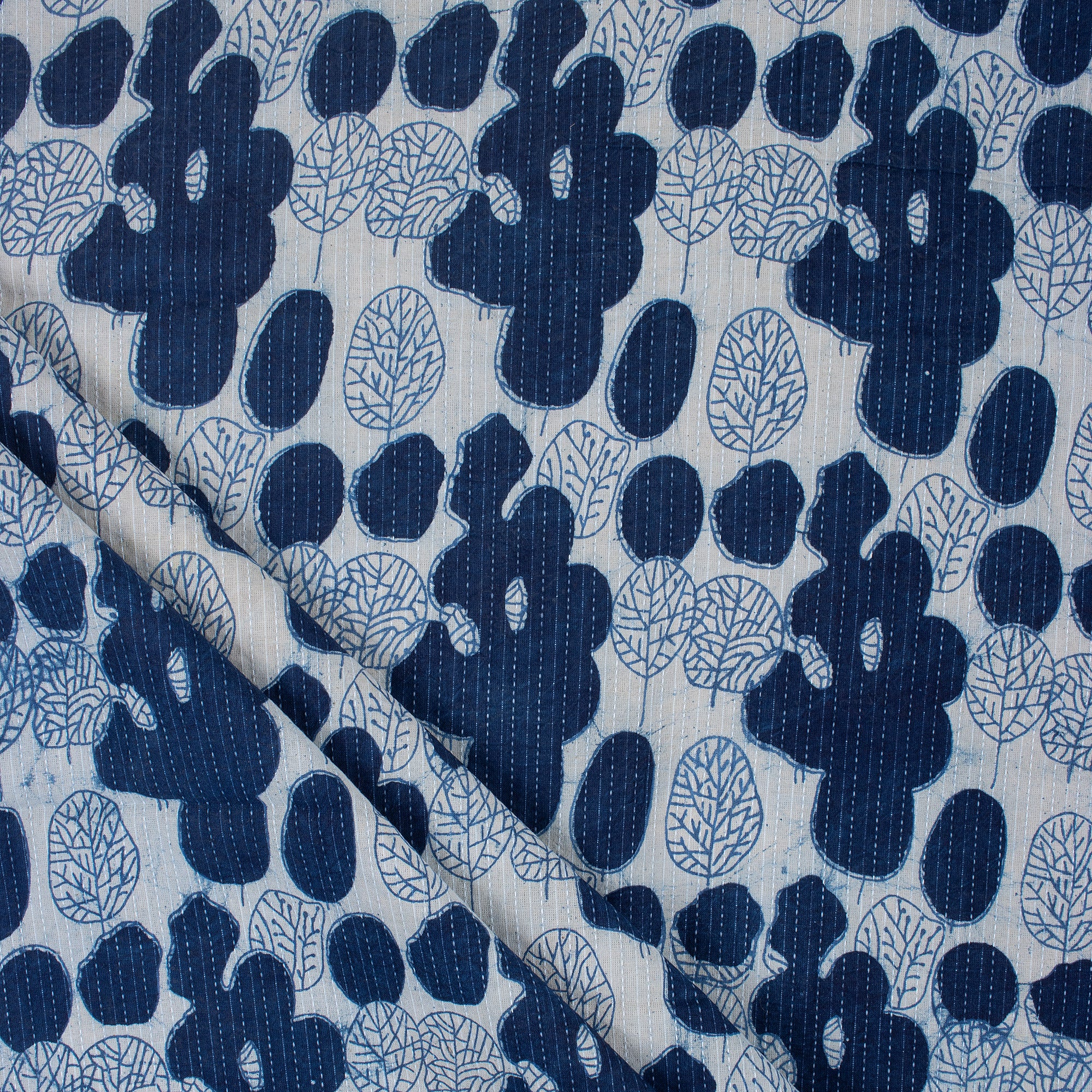 Indigo Blue Leaf Printed Kantha Yard Cotton Fabric