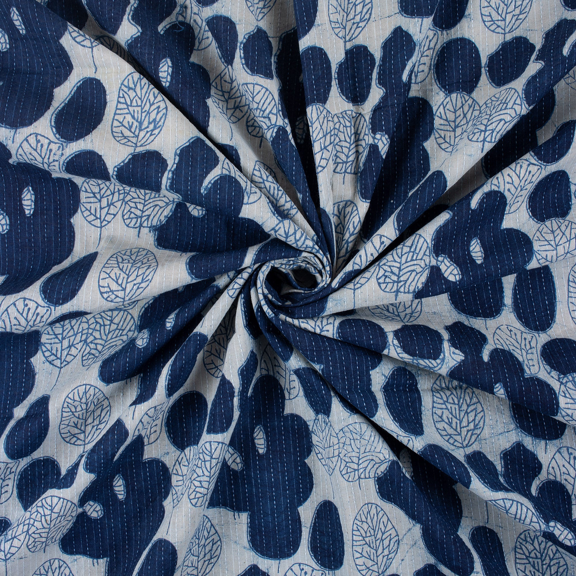 Indigo Blue Leaf Printed Kantha Yard Cotton Fabric