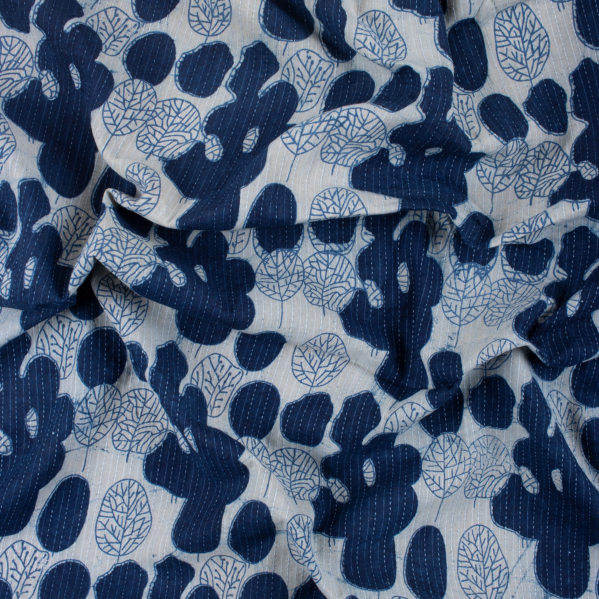 Indigo Blue Leaf Printed Kantha Yard Cotton Fabric