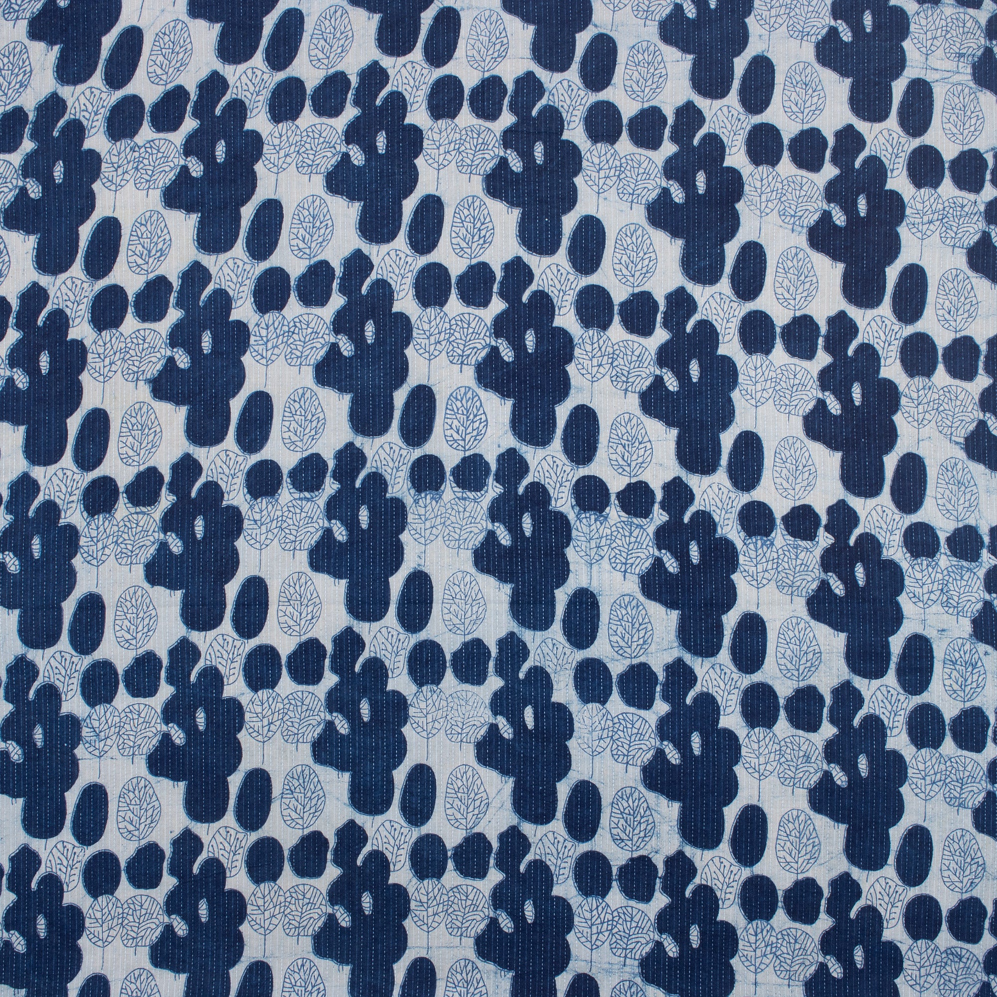 Indigo Blue Leaf Printed Kantha Yard Cotton Fabric