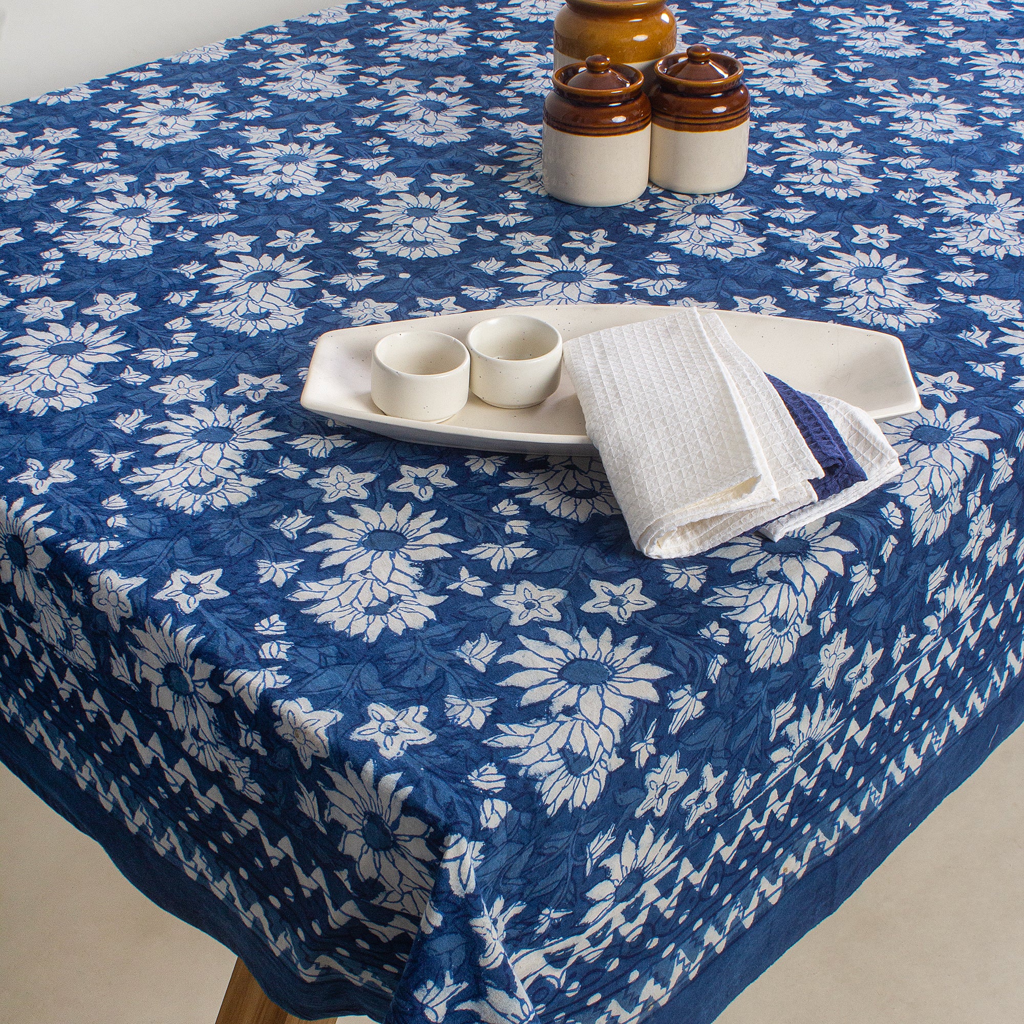 Indigo Dabu Hand Block Print Cotton Dining Table Cloth