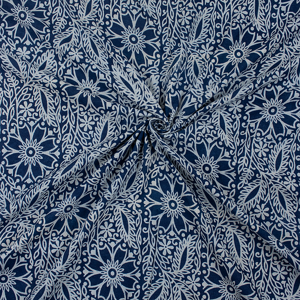 Indigo Floral Print Cotton Fabric for Dress