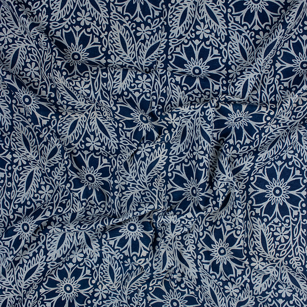 Indigo Floral Print Cotton Fabric for Dress