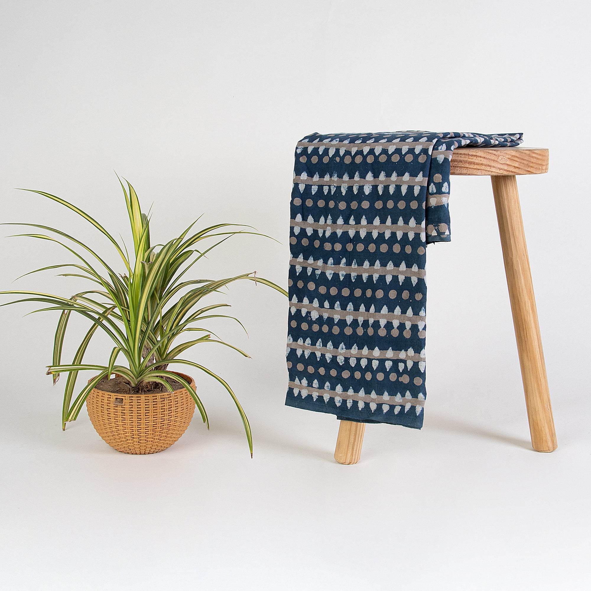 Indigo Pure Cotton Block Striped Fabric