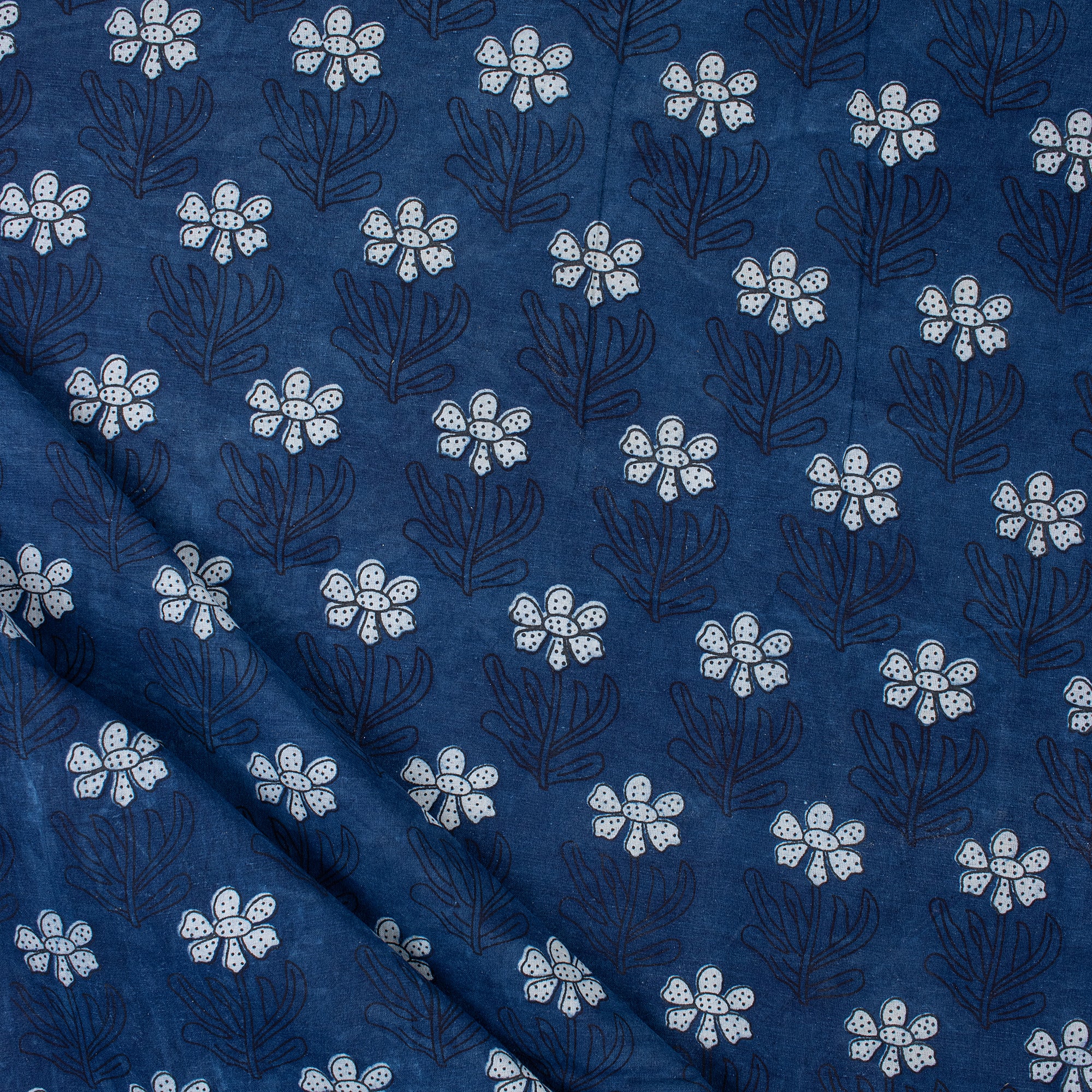 Jaipuri Hand Block Indigo Booti Floral Cotton Fabric by The Yard