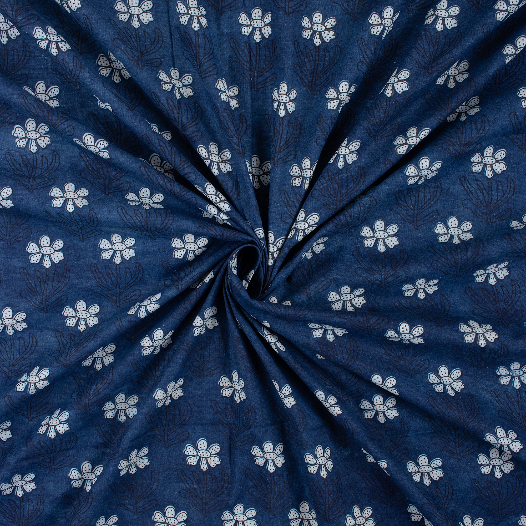 Jaipuri Hand Block Indigo Booti Floral Cotton Fabric by The Yard