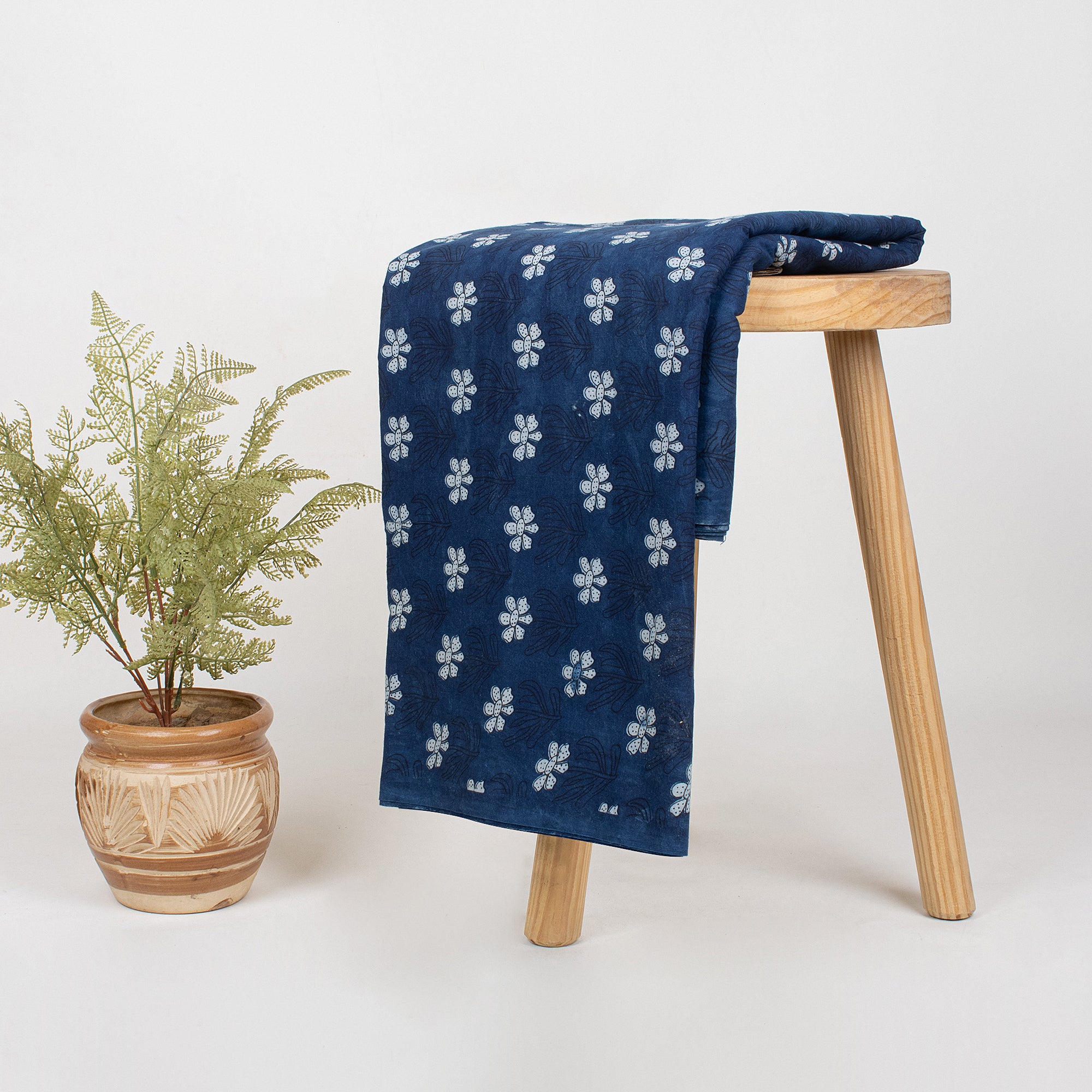 Jaipuri Hand Block Indigo Booti Floral Cotton Fabric by The Yard