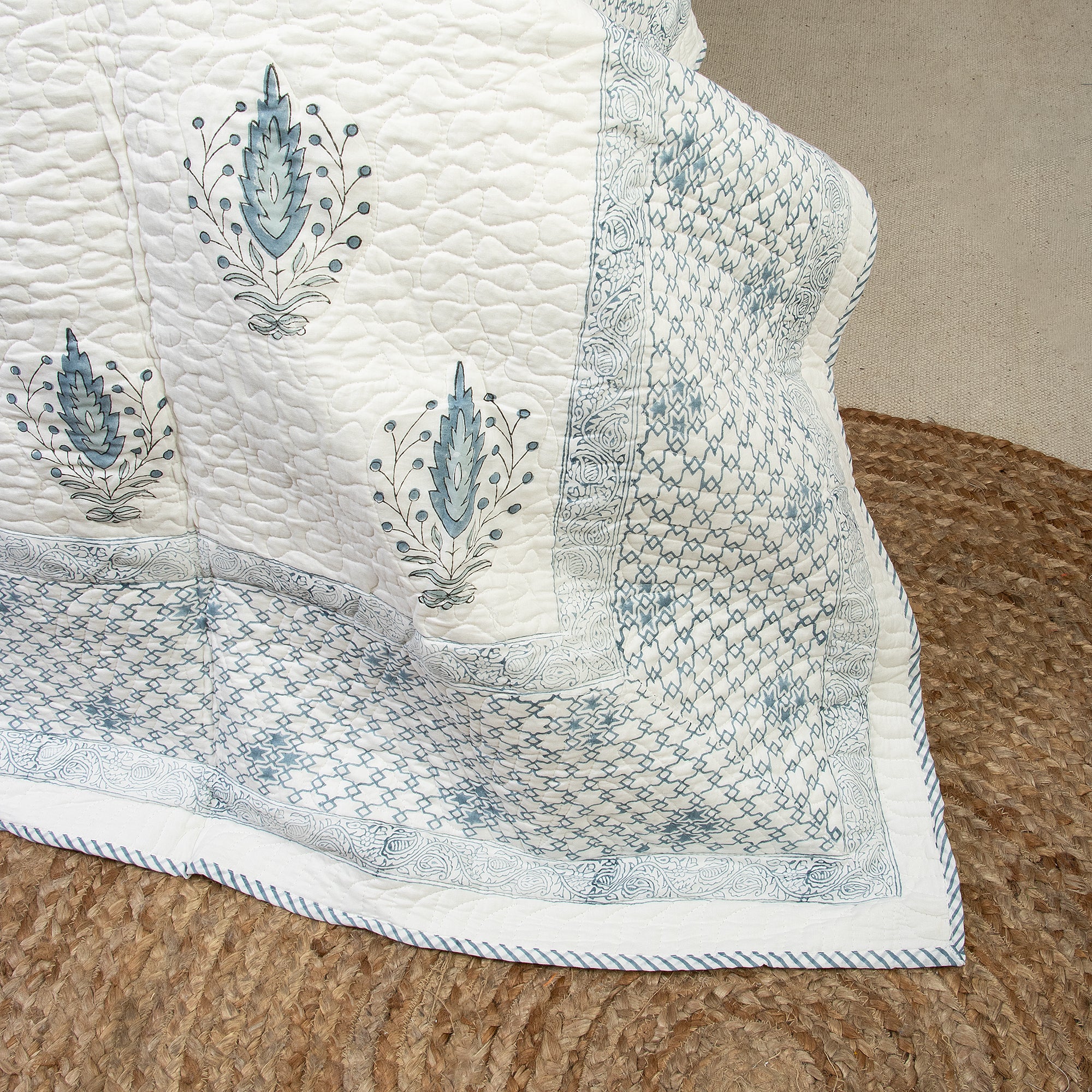 Leaf Hand Block Printed Cotton Machine Quilt with Pillow Covers