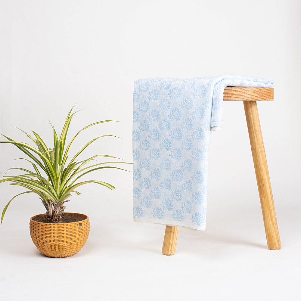 Light Blue Floral Hand Block Printed Cotton Fabric
