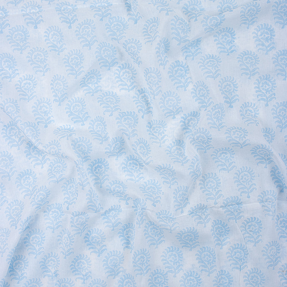 Light Blue Floral Hand Block Printed Cotton Fabric