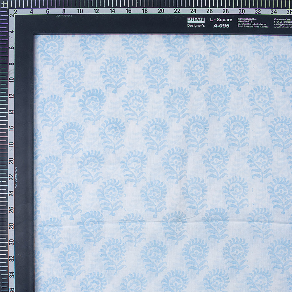 Light Blue Floral Hand Block Printed Cotton Fabric