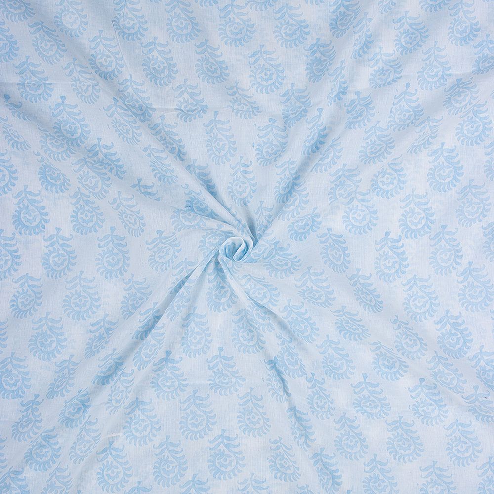 Light Blue Floral Hand Block Printed Cotton Fabric