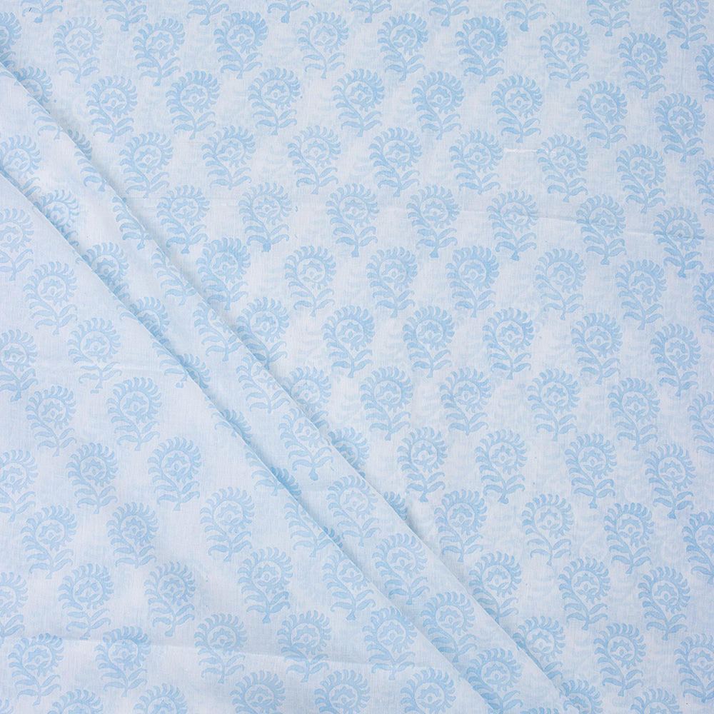Light Blue Floral Hand Block Printed Cotton Fabric