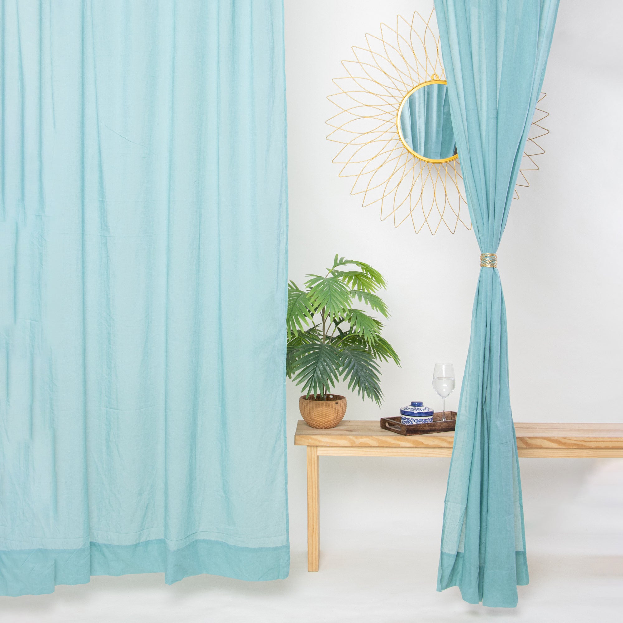 Light Blue Handmade Cotton Cafe Curtains