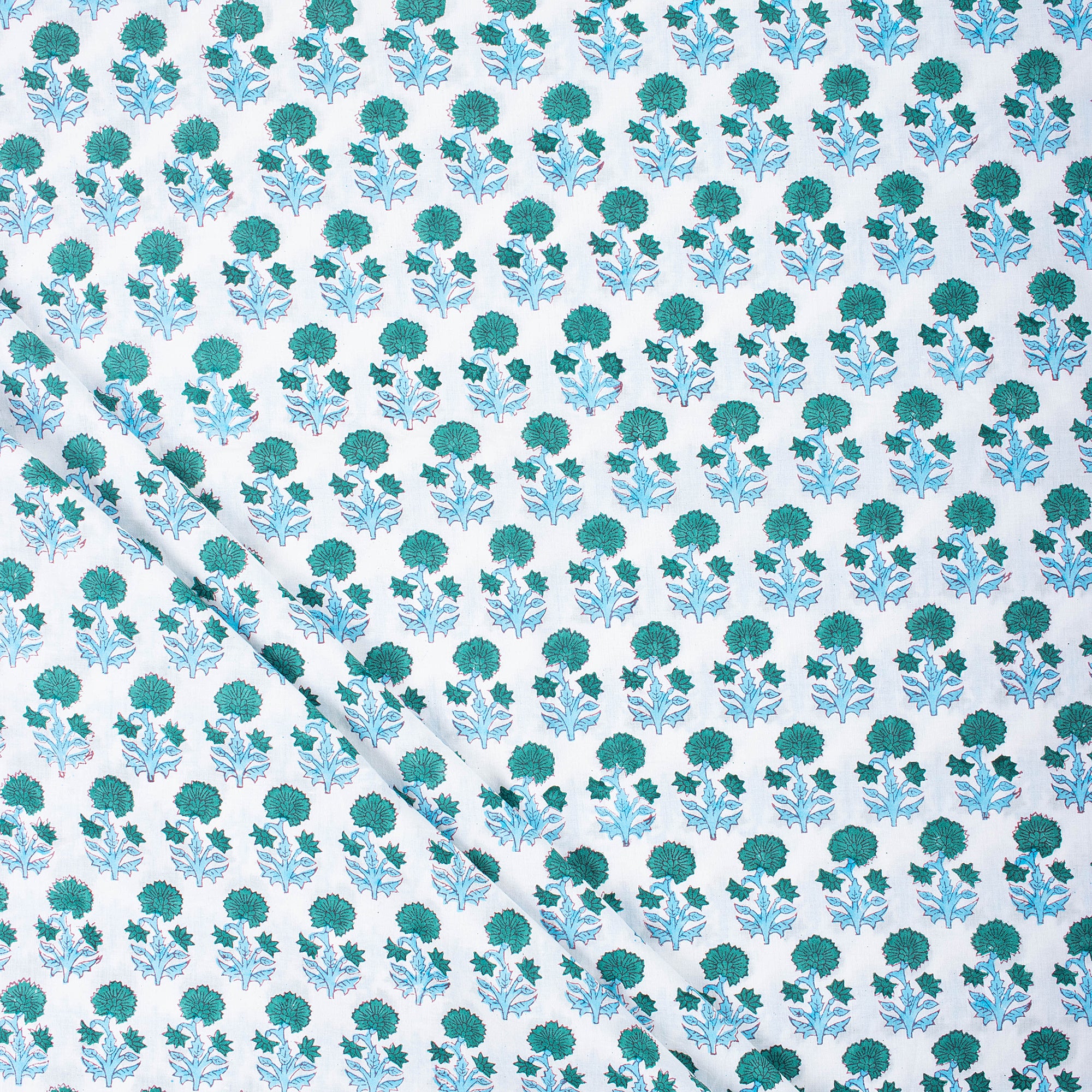 Light Weighted Green Floral Hand Block Printed Cotton Fabric