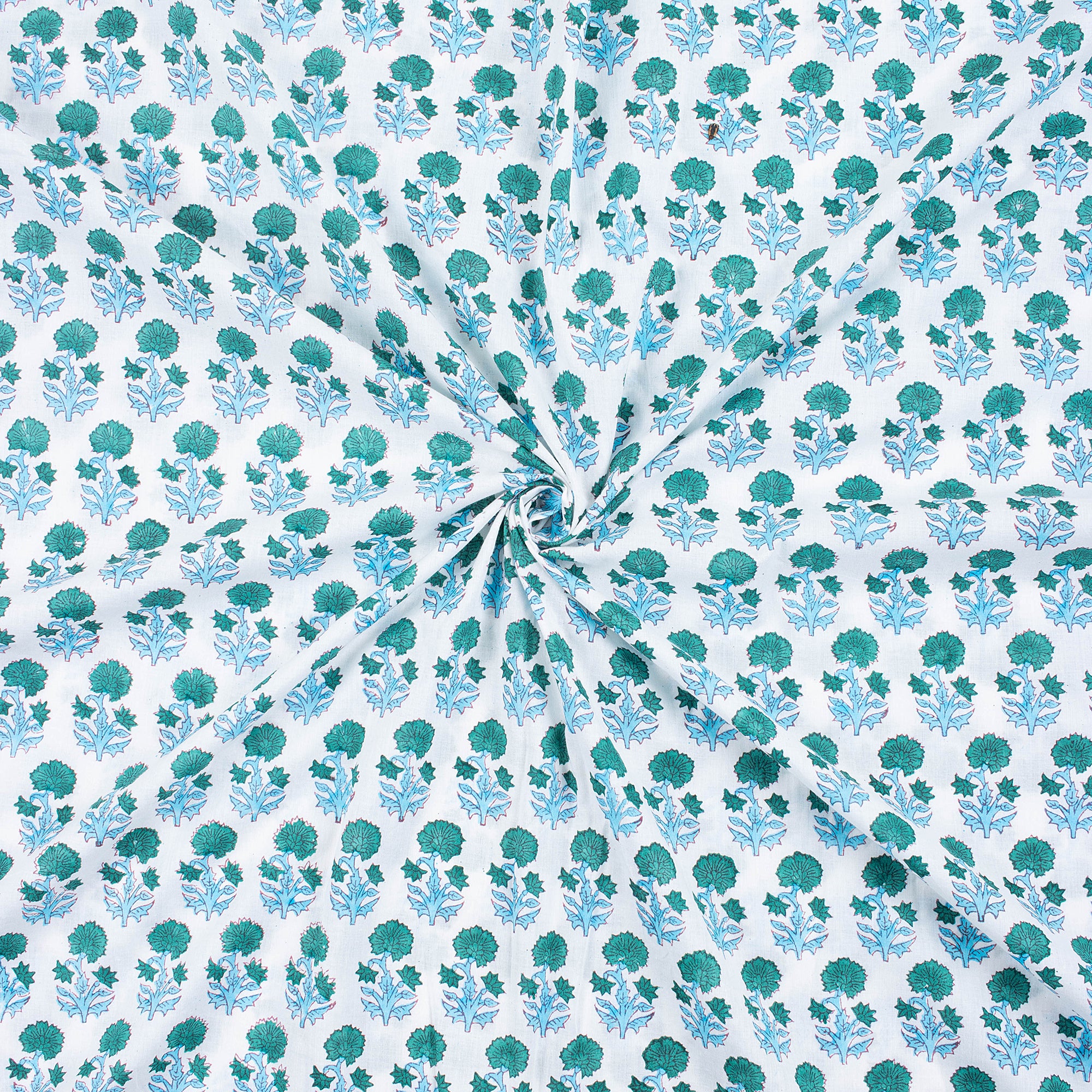 Light Weighted Green Floral Hand Block Printed Cotton Fabric