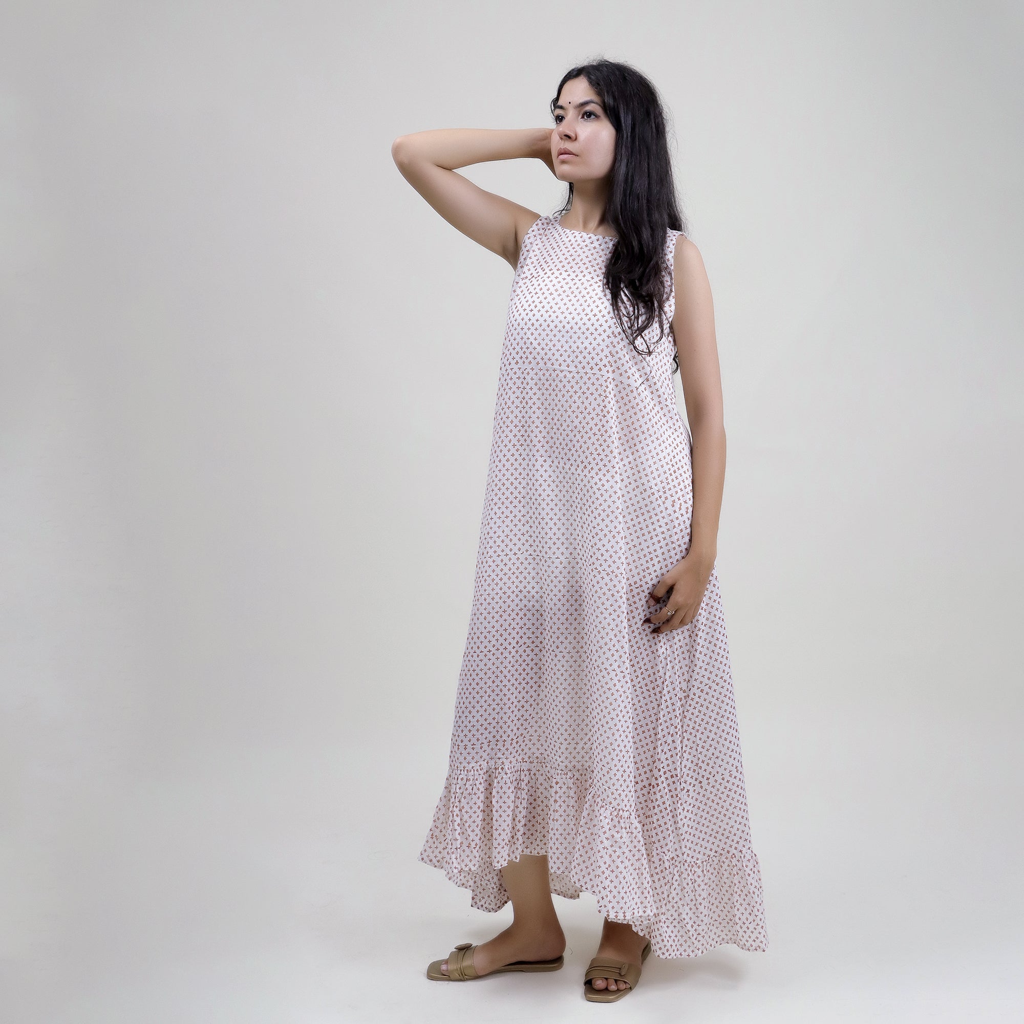 Luxurious White Handmade Cotton Fancy Midi Dress