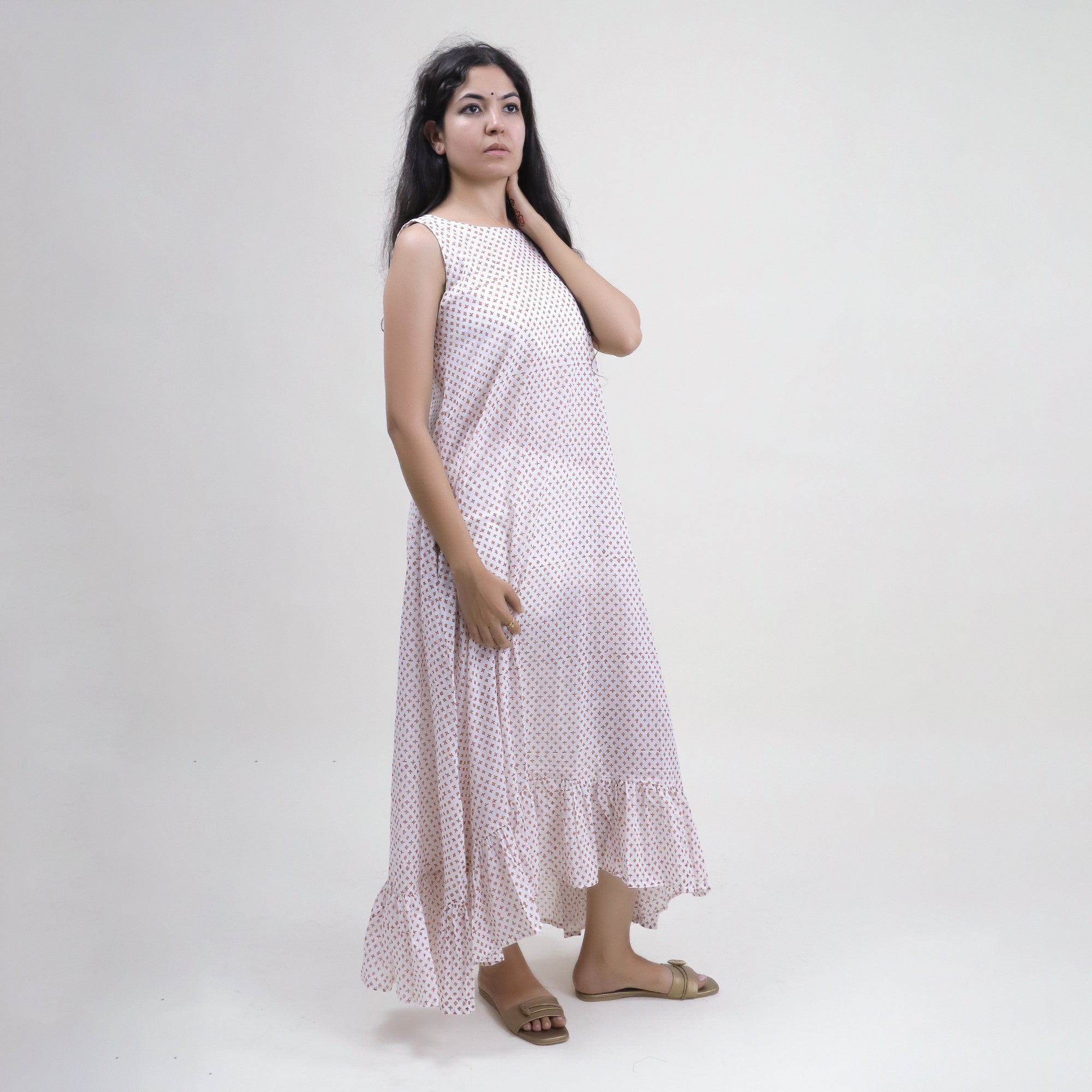 Luxurious White Handmade Cotton Fancy Midi Dress