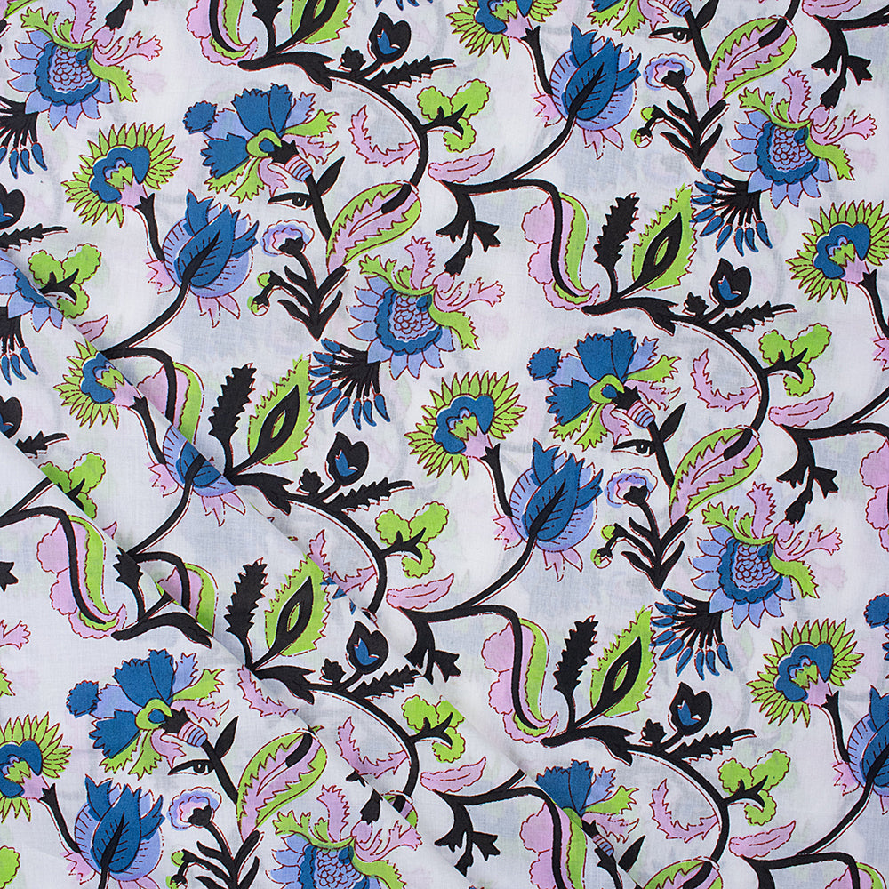Modern Blue Floral India Indian Block Print Fabric