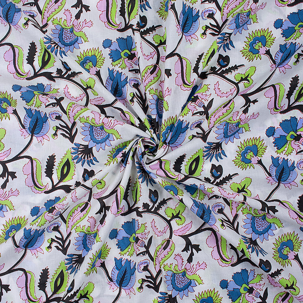 Modern Blue Floral India Indian Block Print Fabric