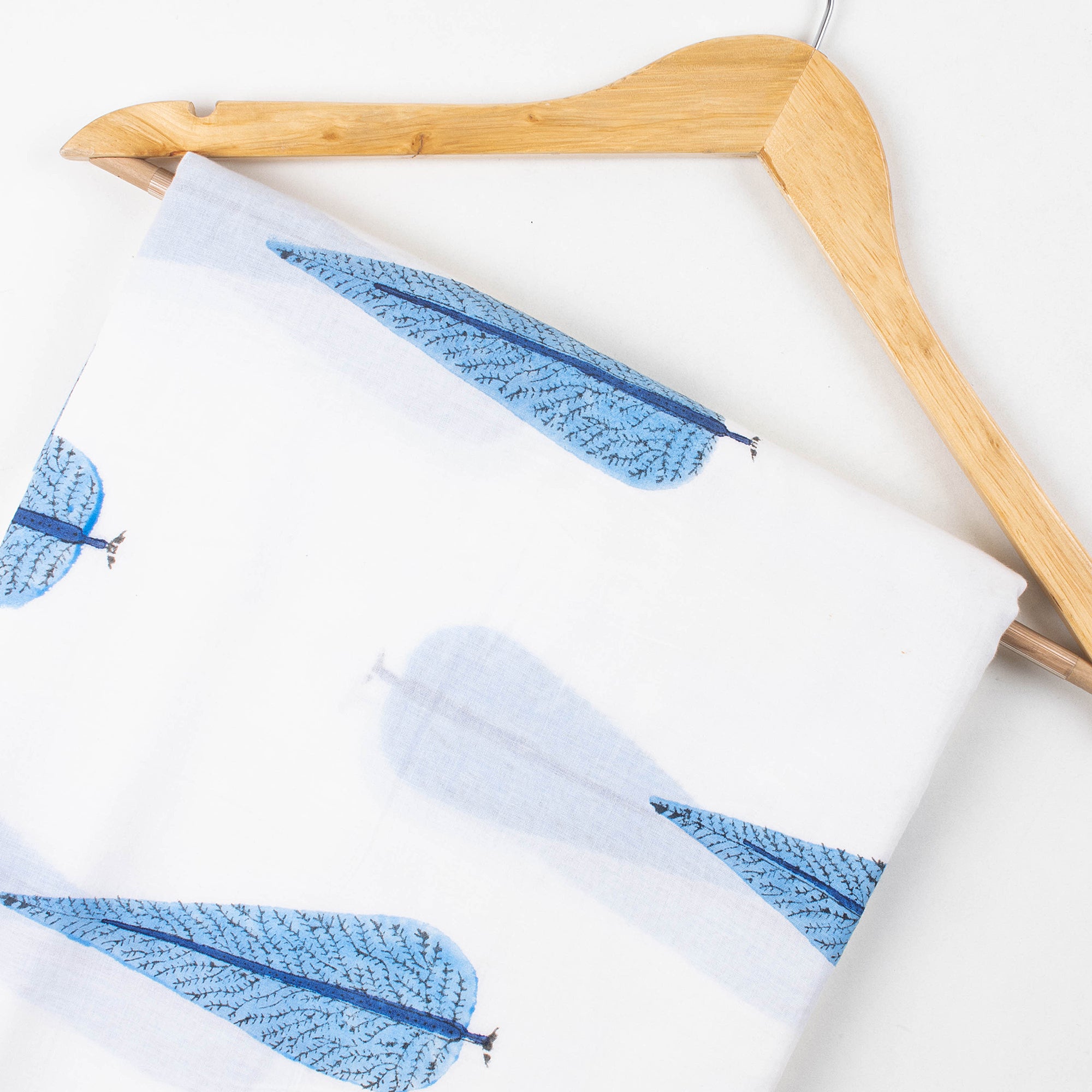 Modern Blue Leaf Soft Cotton Hand Block Printed Fabric