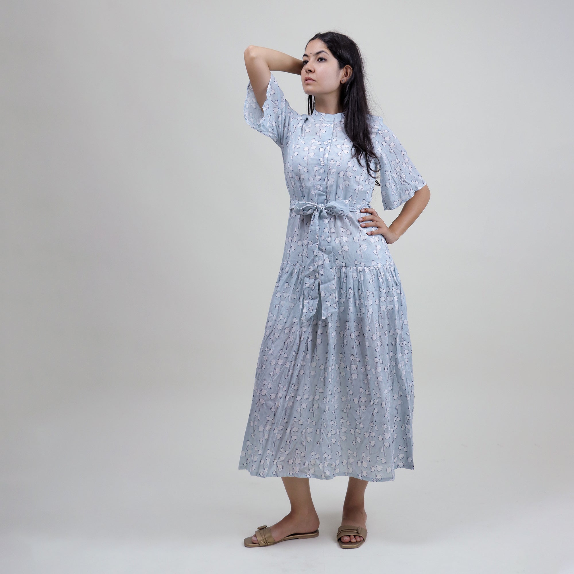 Modern Pink Floral Hand Block Printed Midi Dress For Women&