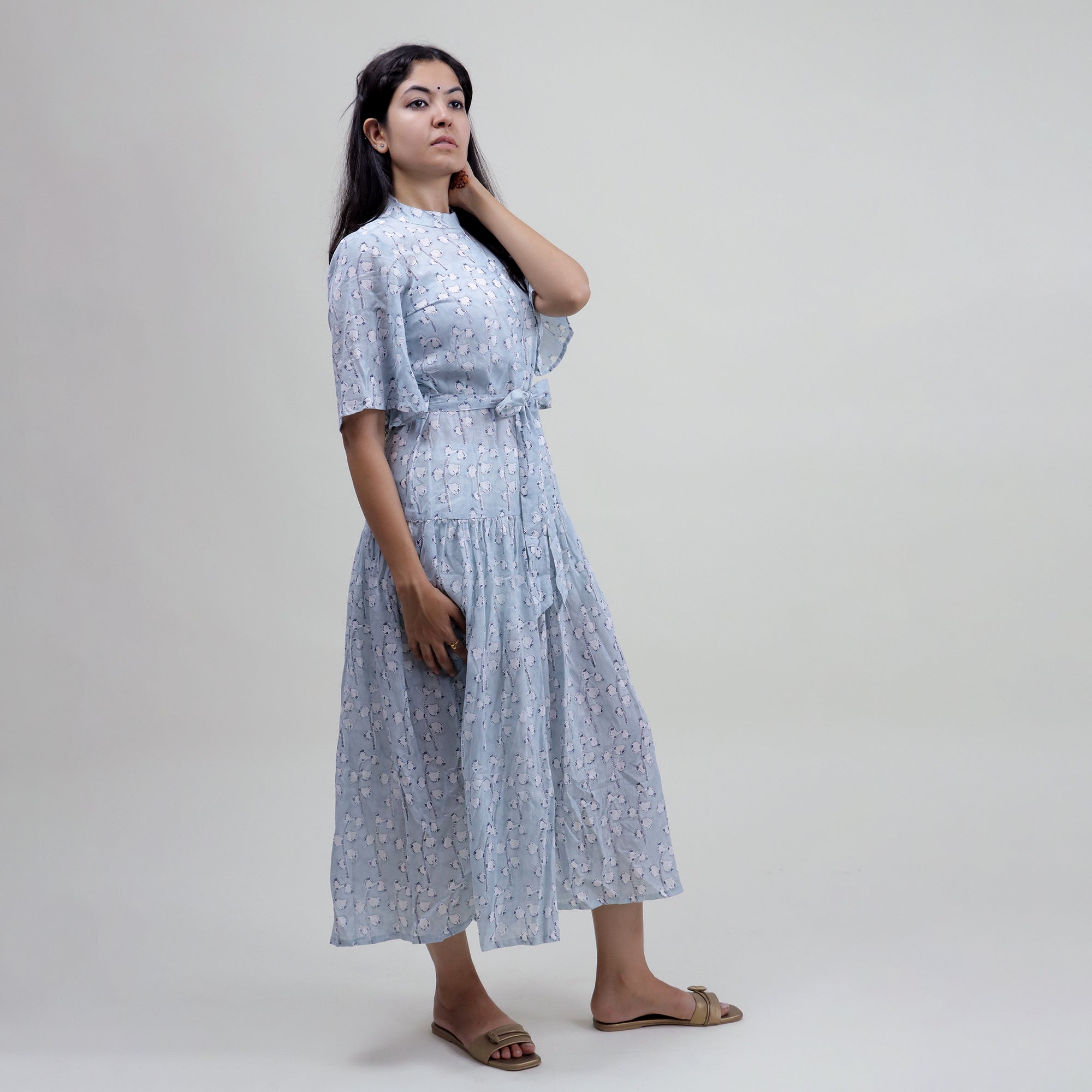 Modern Pink Floral Hand Block Printed Midi Dress For Women&