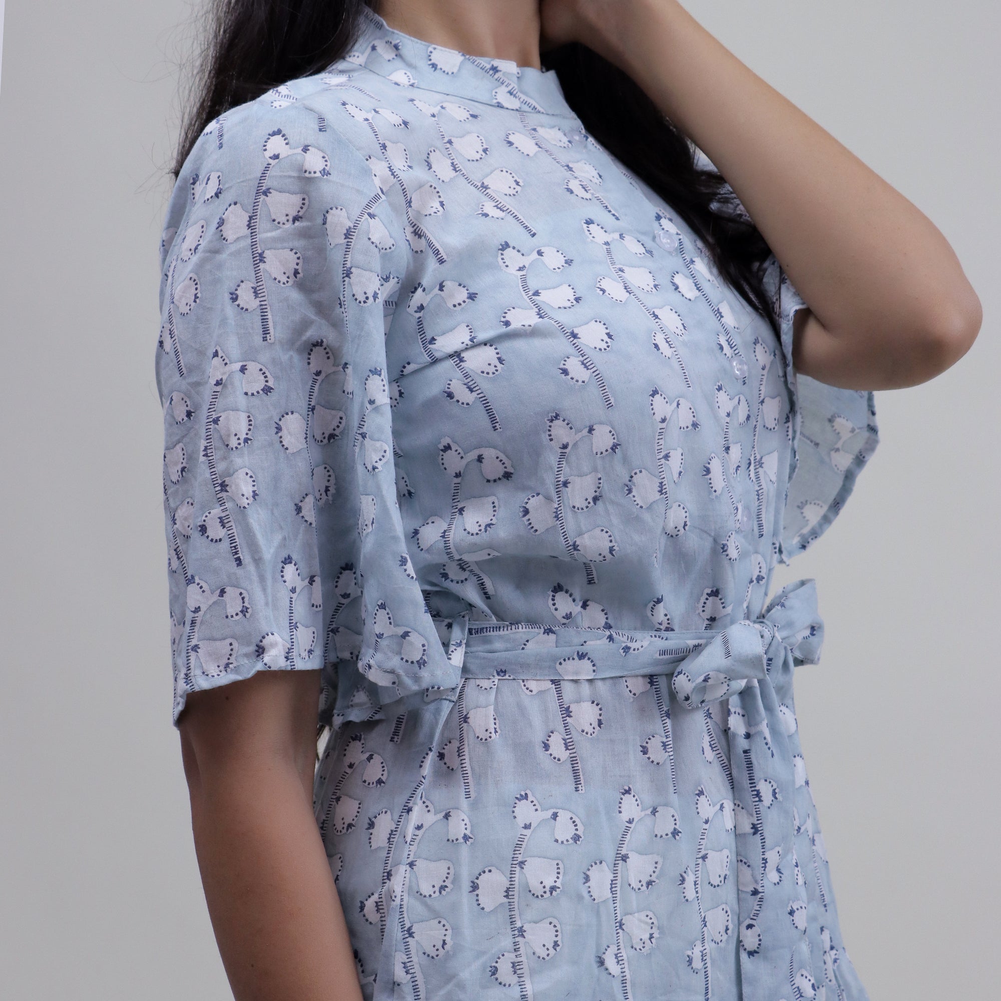 Modern Pink Floral Hand Block Printed Midi Dress For Women&