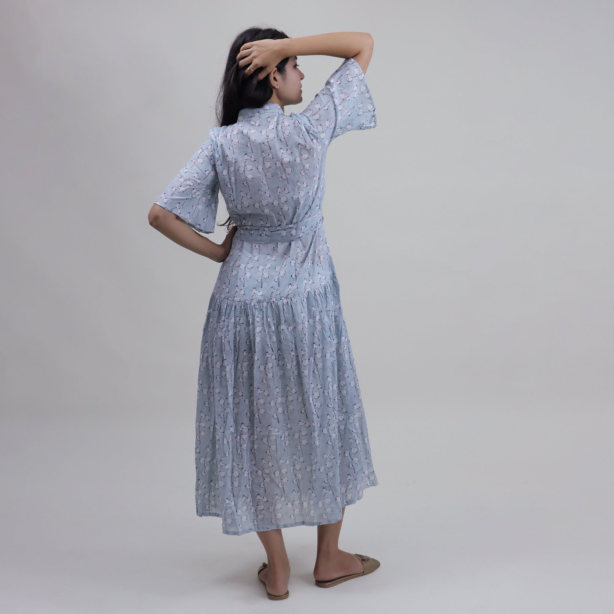 Modern Pink Floral Hand Block Printed Midi Dress For Women&